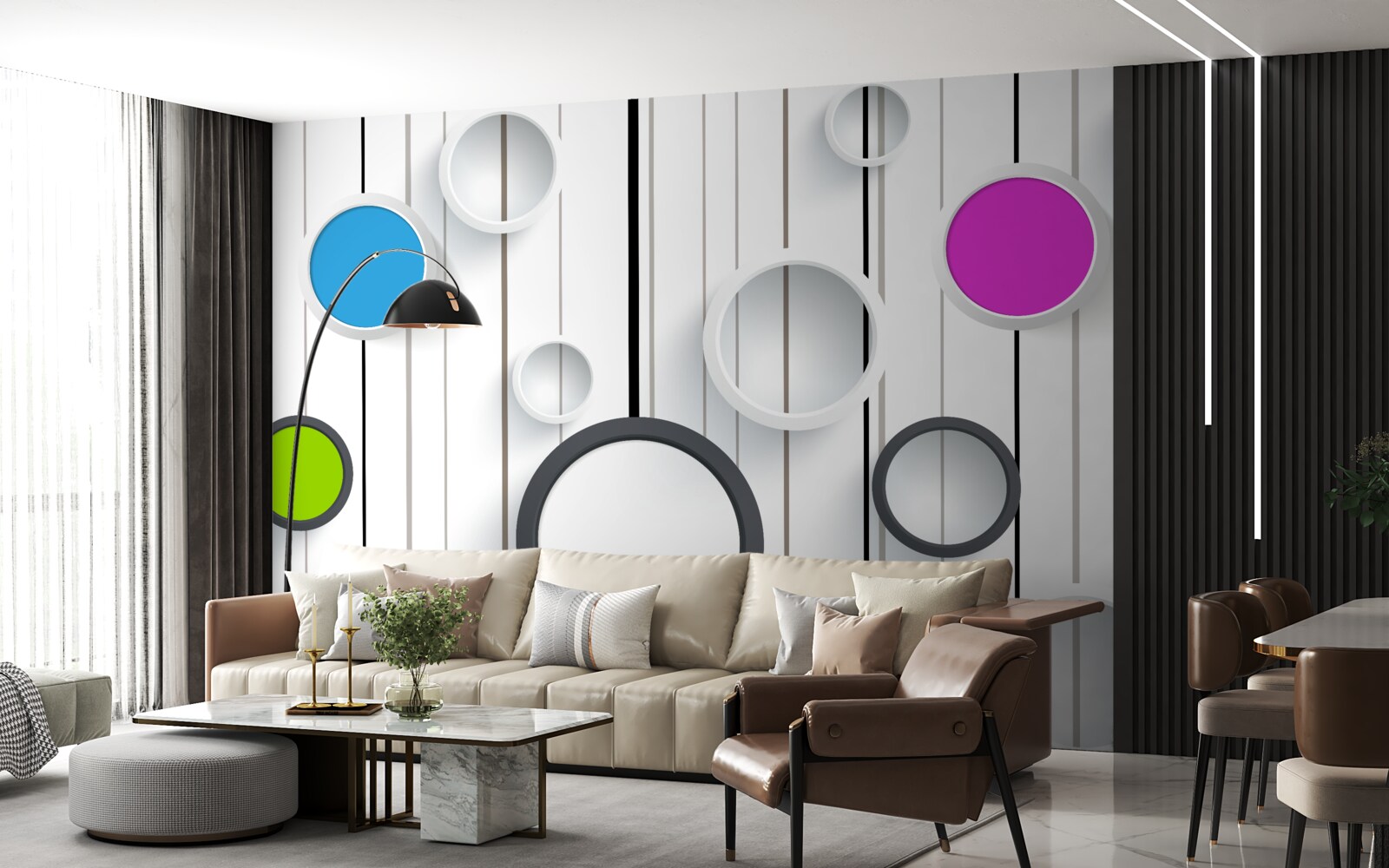 Papier peint cercles multicolores sur un parquet clair