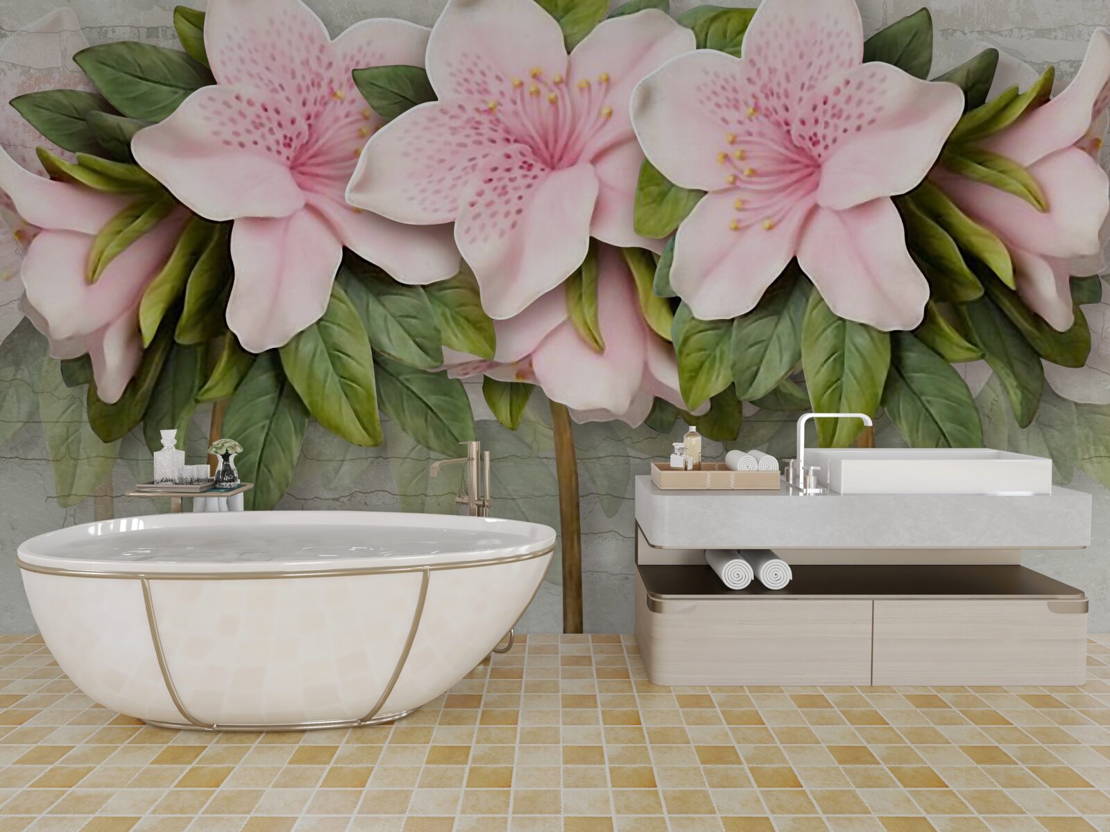 Papier peint lys rose tendre