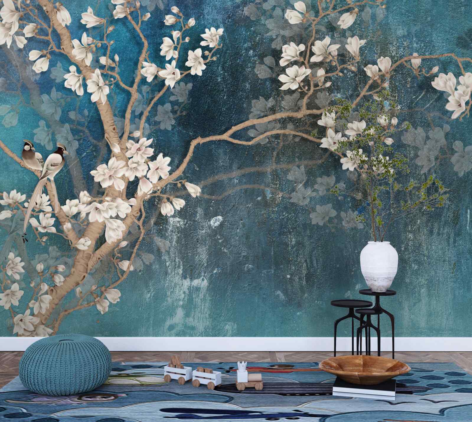Papier peint oiseaux sur un arbre avec des fleurs blanches