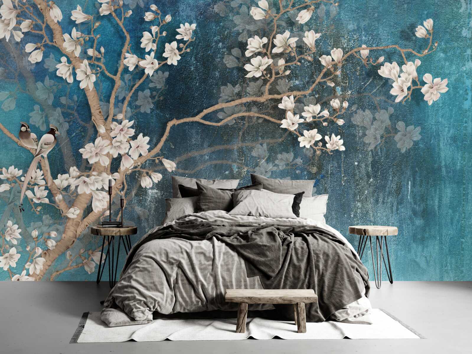 Papier peint oiseaux sur un arbre avec des fleurs blanches