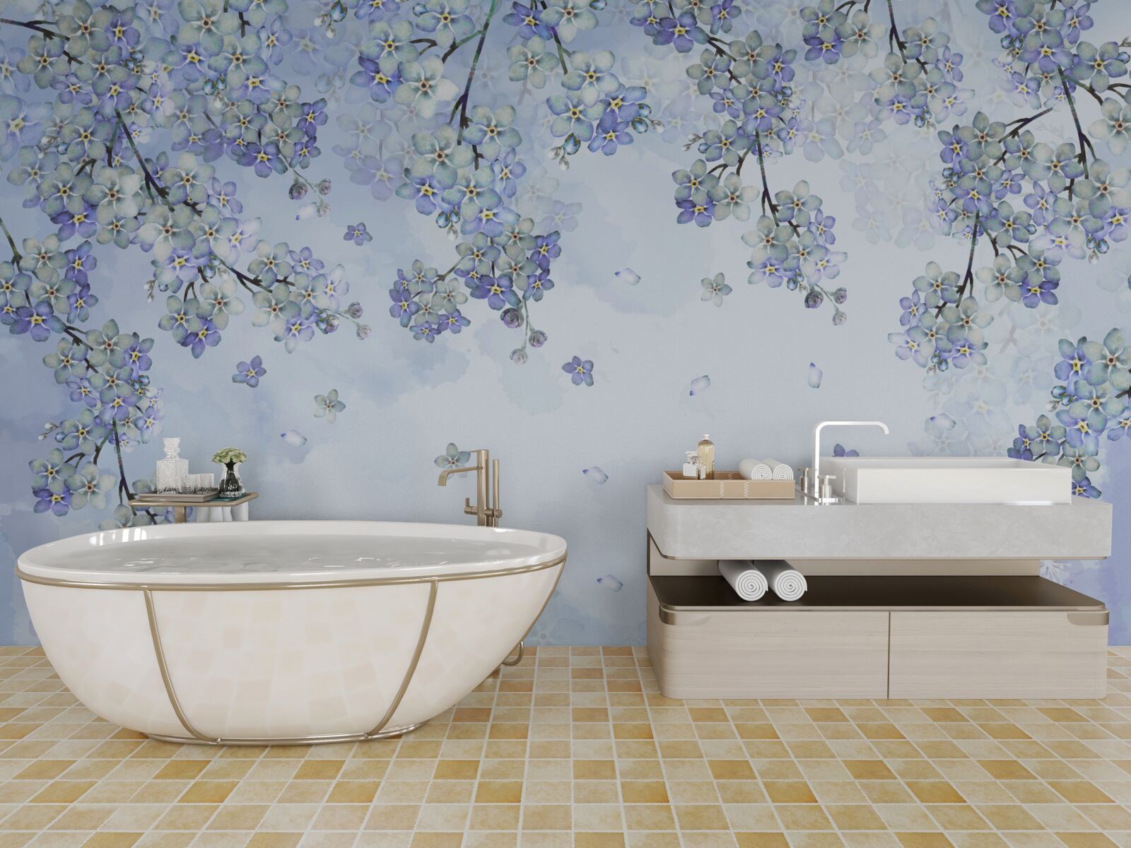 Papier peint arbres à fleurs dans les tons lilas
