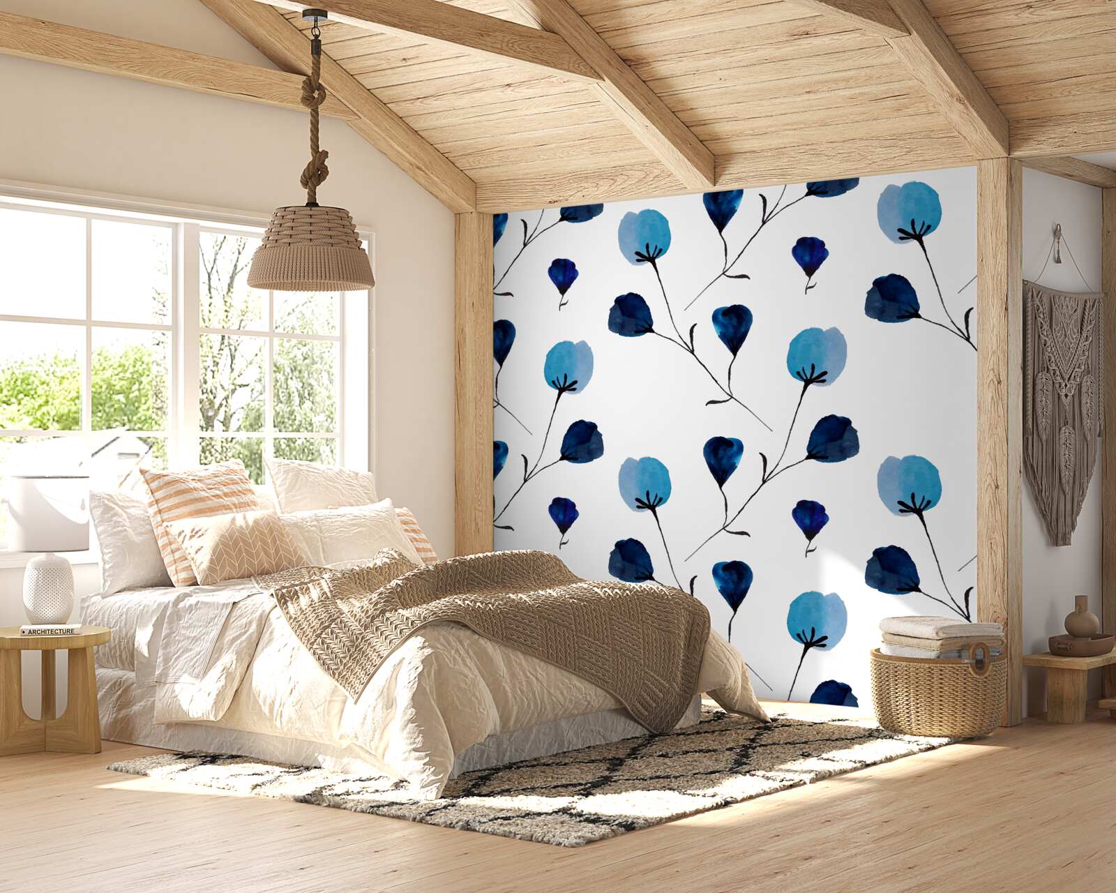 Papier peint fleurs de coton bleu