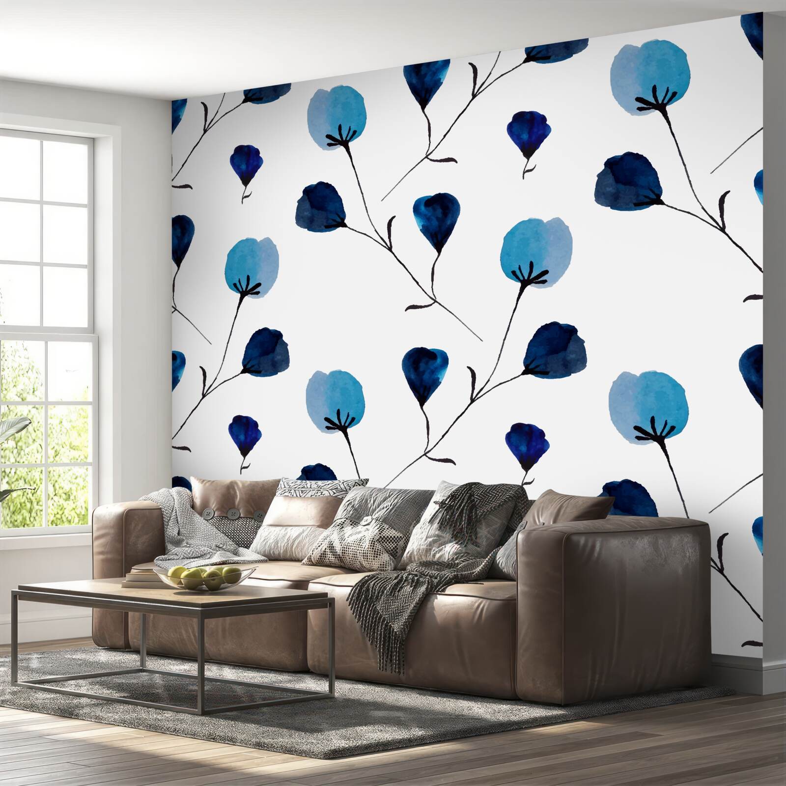 Papier peint fleurs de coton bleu