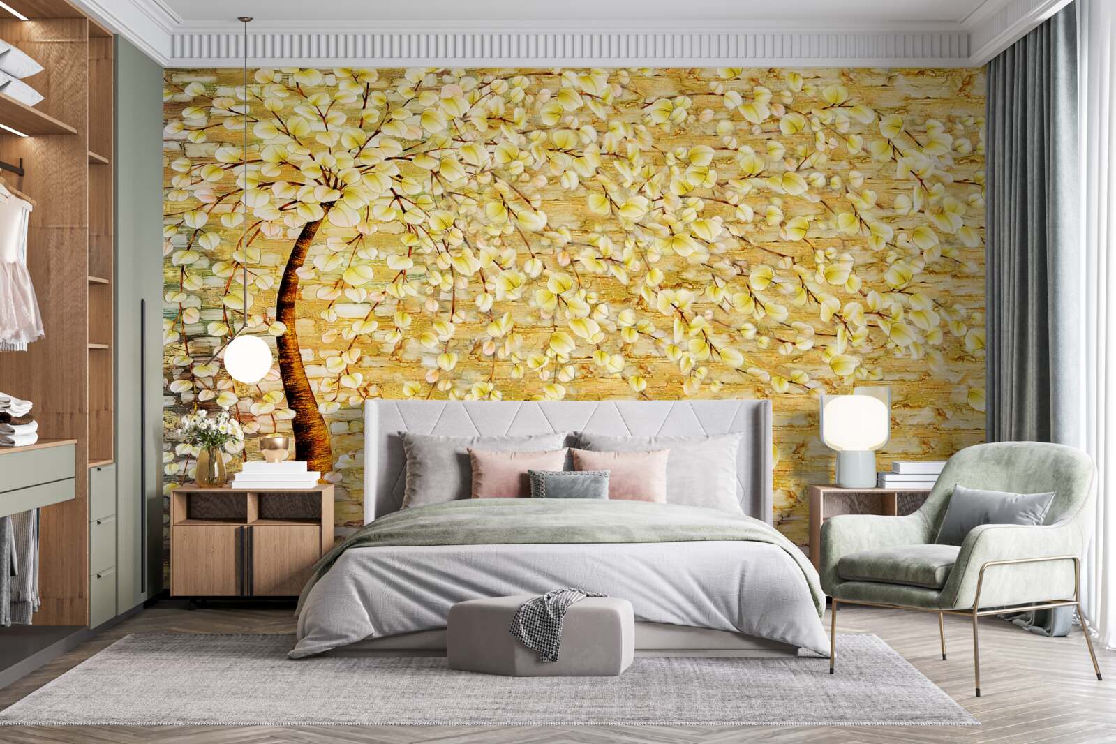 Papier peint arbre parsemé de fleurs blanches et jaunes