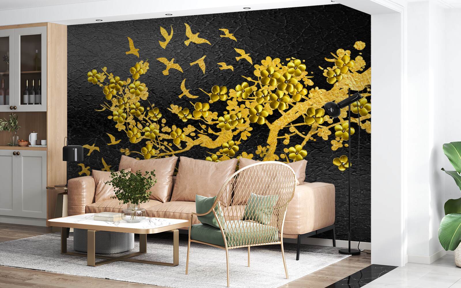 Papier peint petites fleurs jaunes et oiseaux