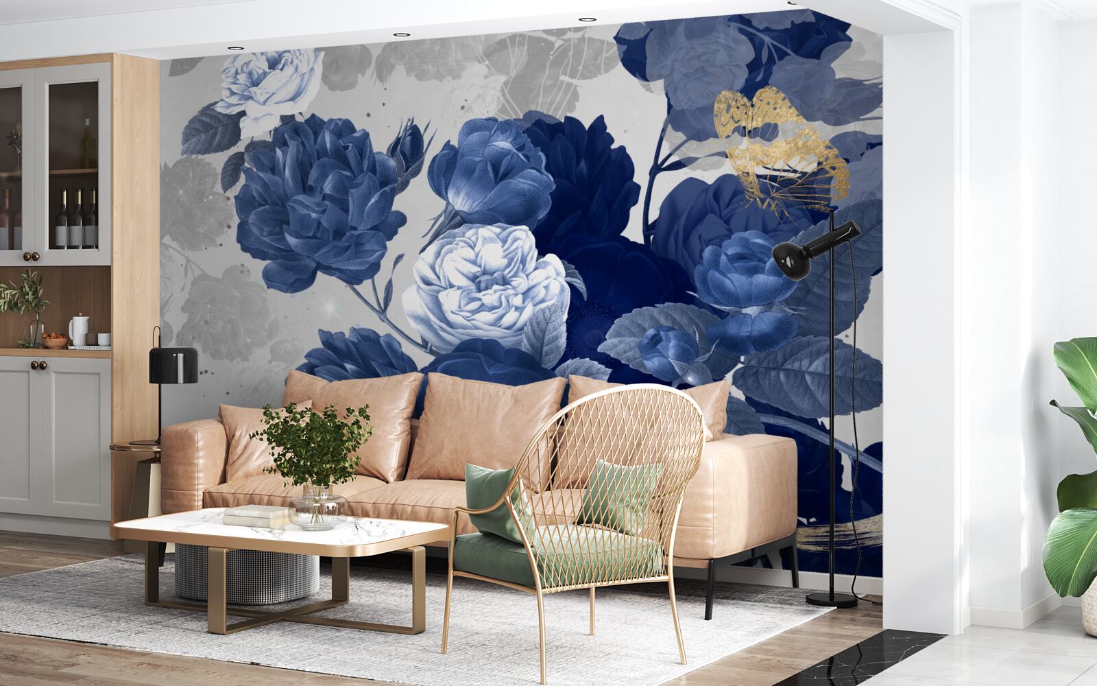 Papier peint fleurs bleues en style vintage