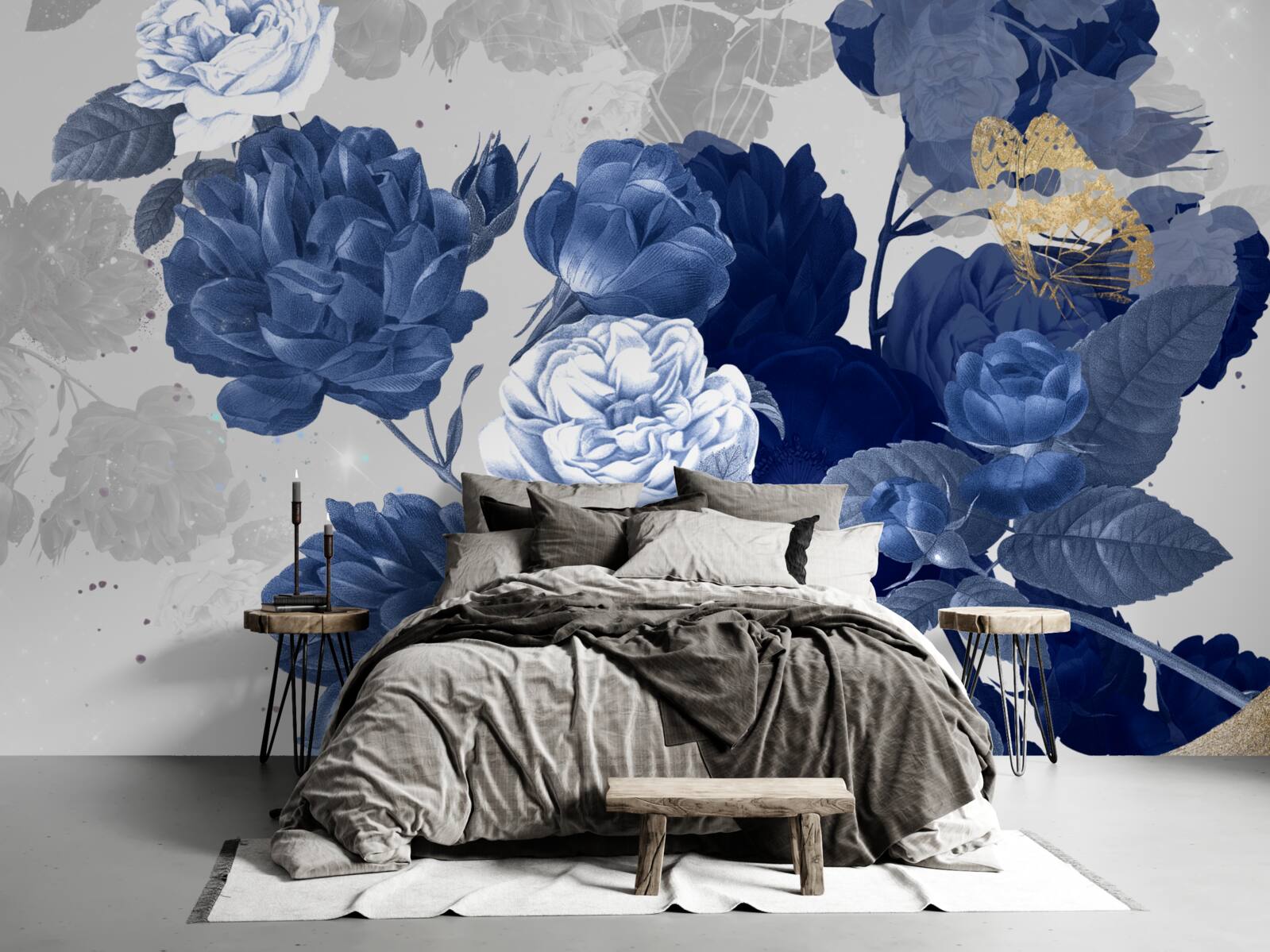 Papier peint fleurs bleues en style vintage