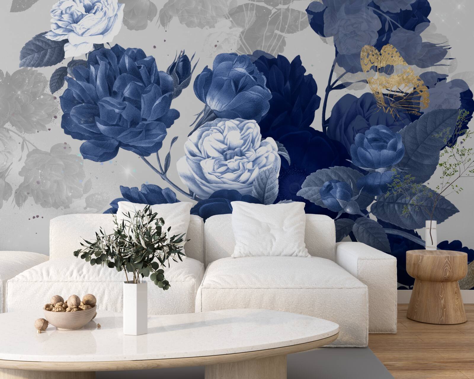 Papier peint fleurs bleues en style vintage