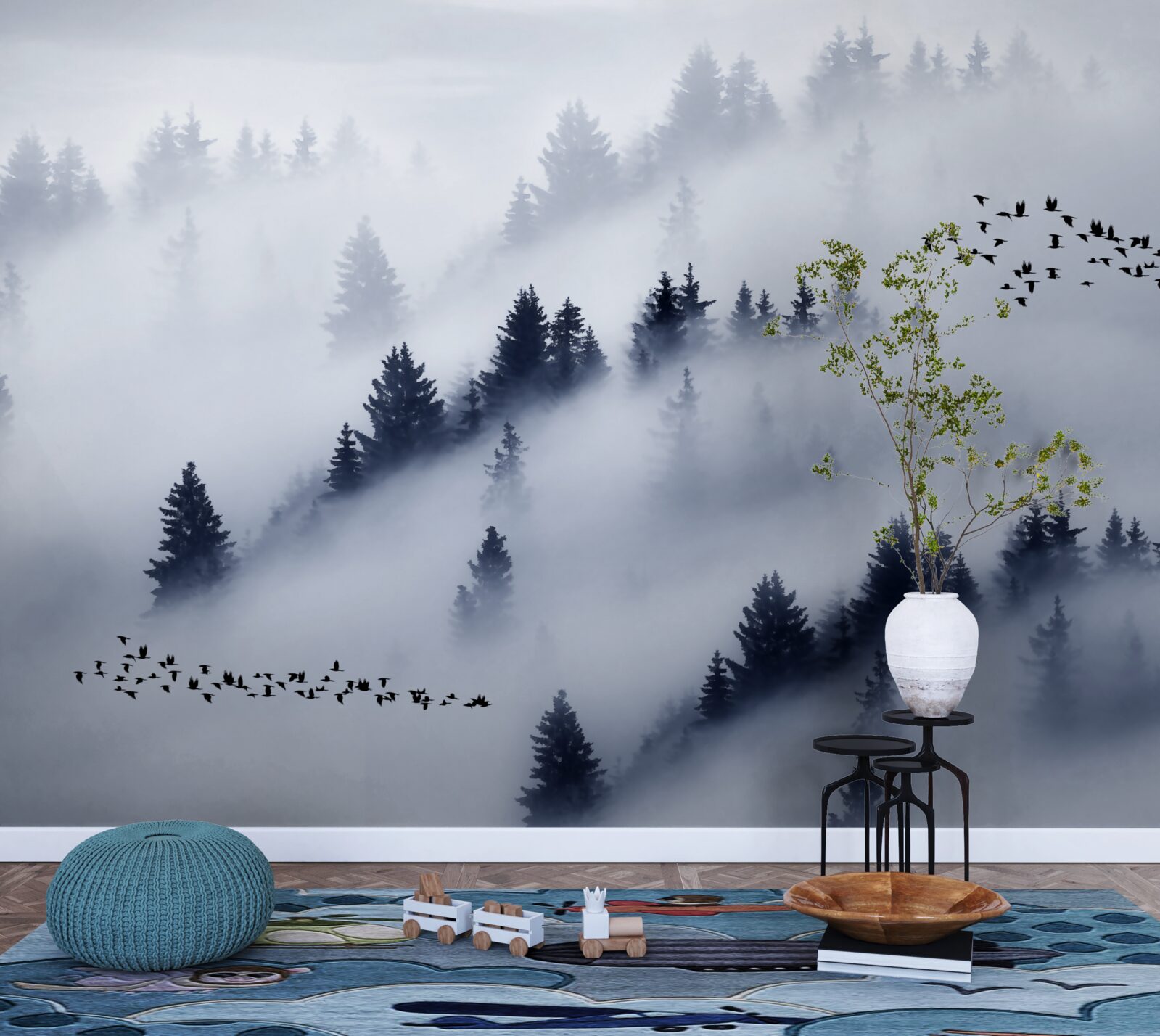 Papier peint la forêt de conifères est enveloppée d'un épais brouillard