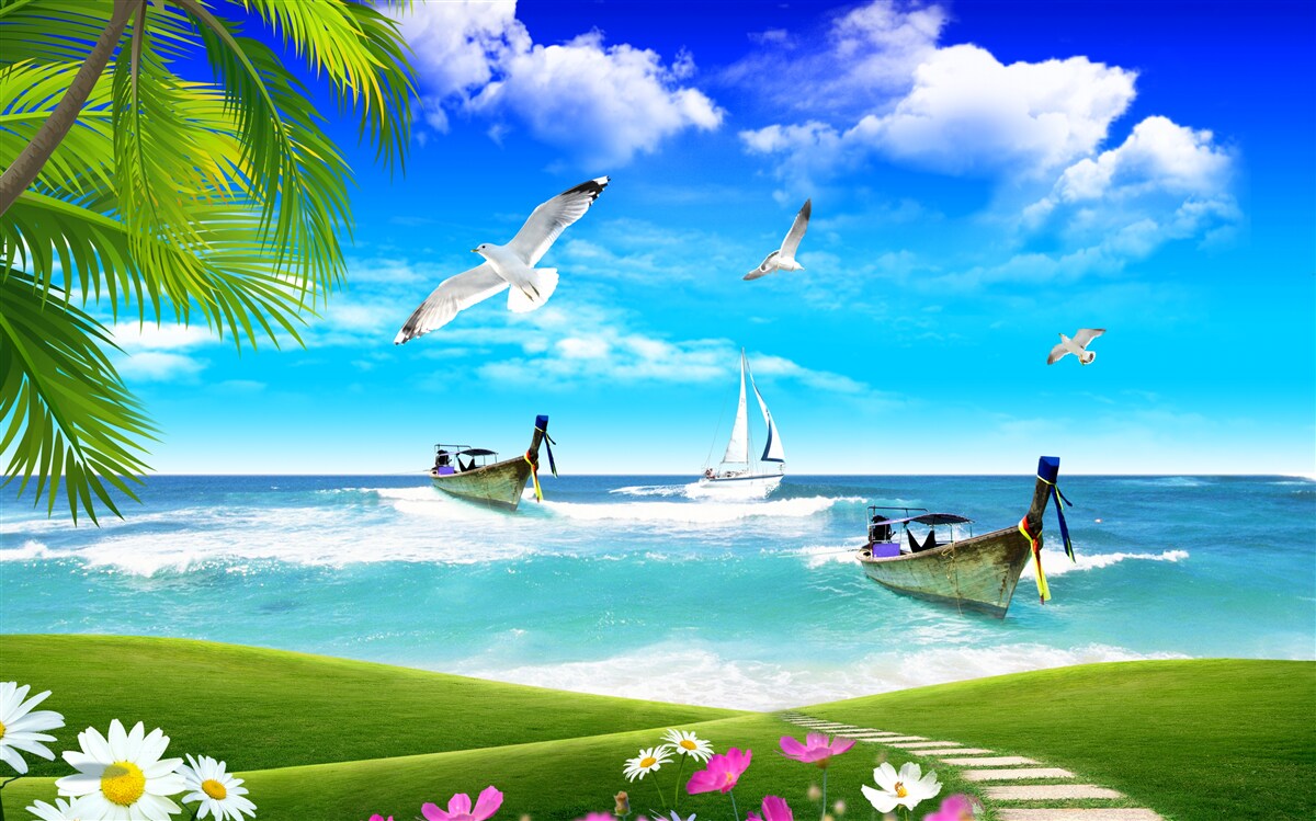 Papier peint navires sur la côte verte
