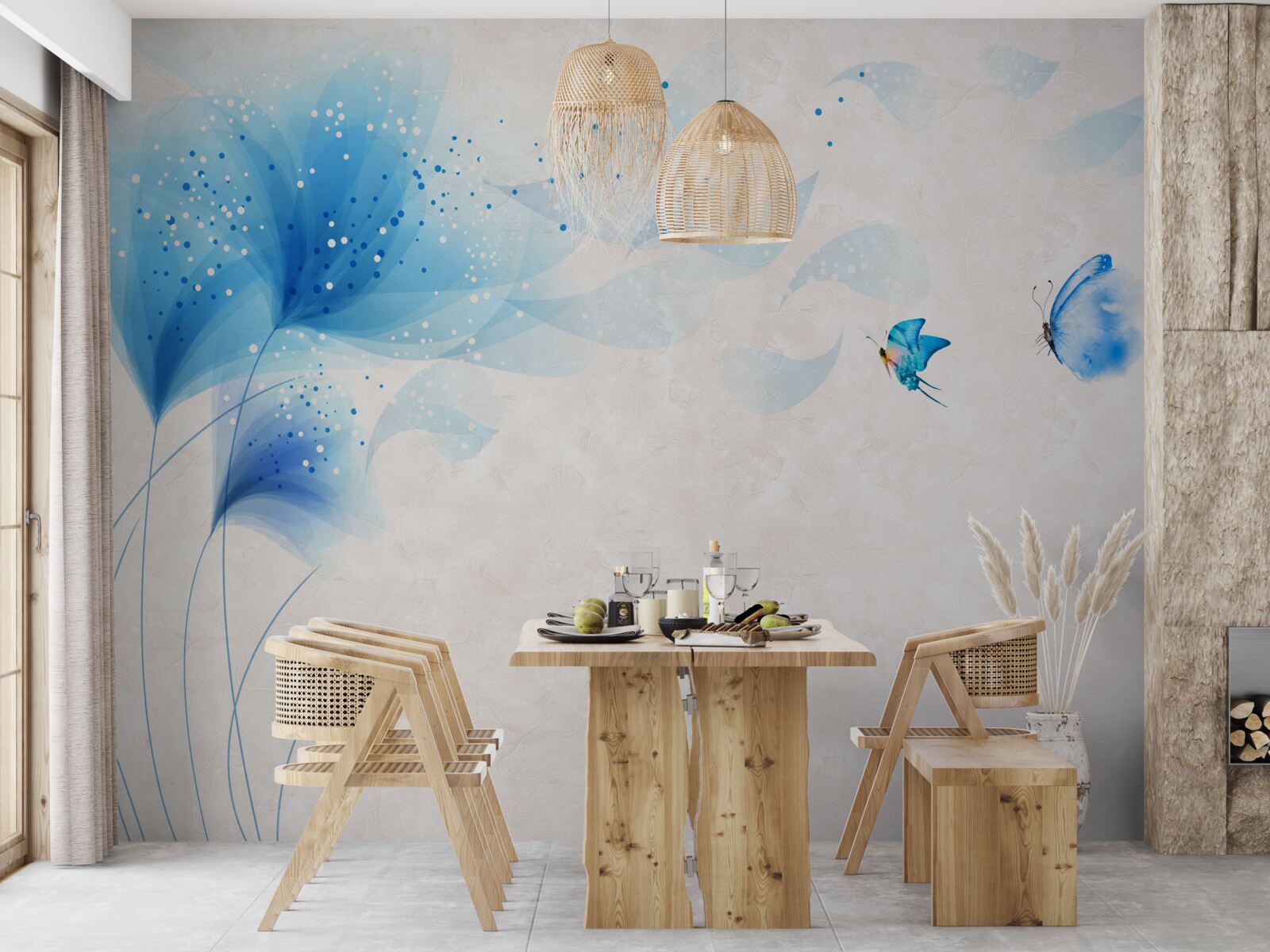 Papier peint vectoriel lys et papillons de nuit bleus
