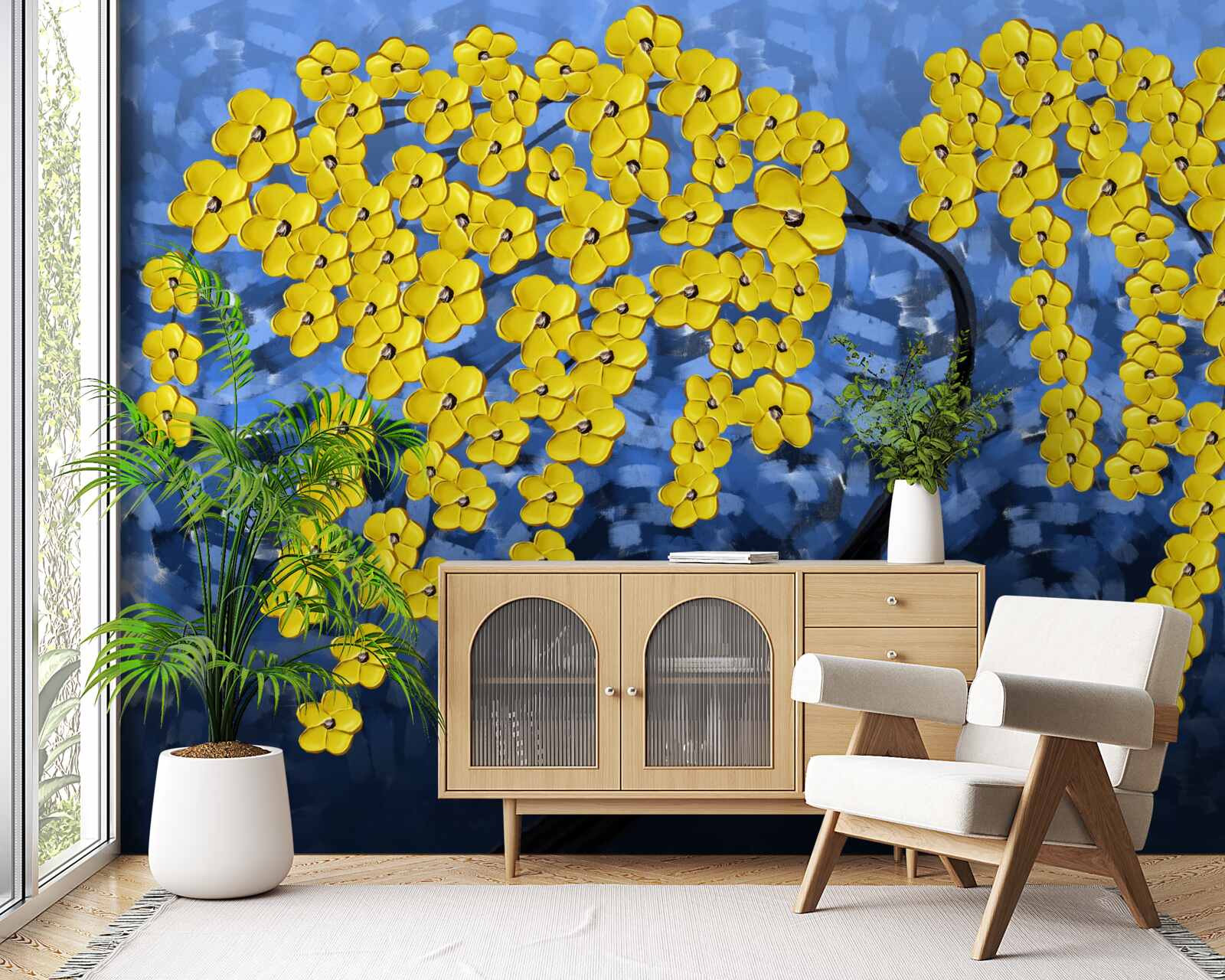 Papier peint branches décorées de fleurs jaune pâle