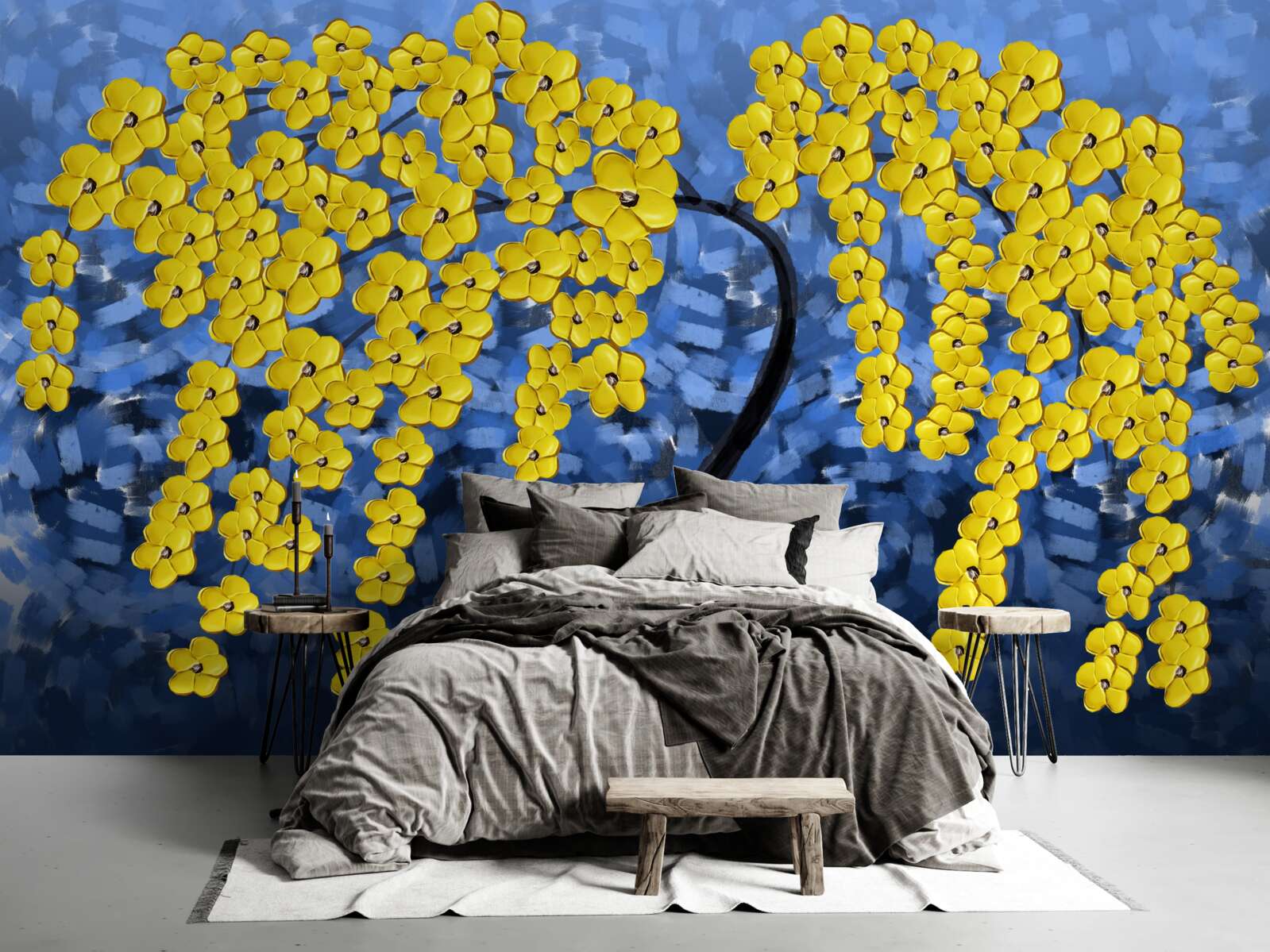 Papier peint branches décorées de fleurs jaune pâle
