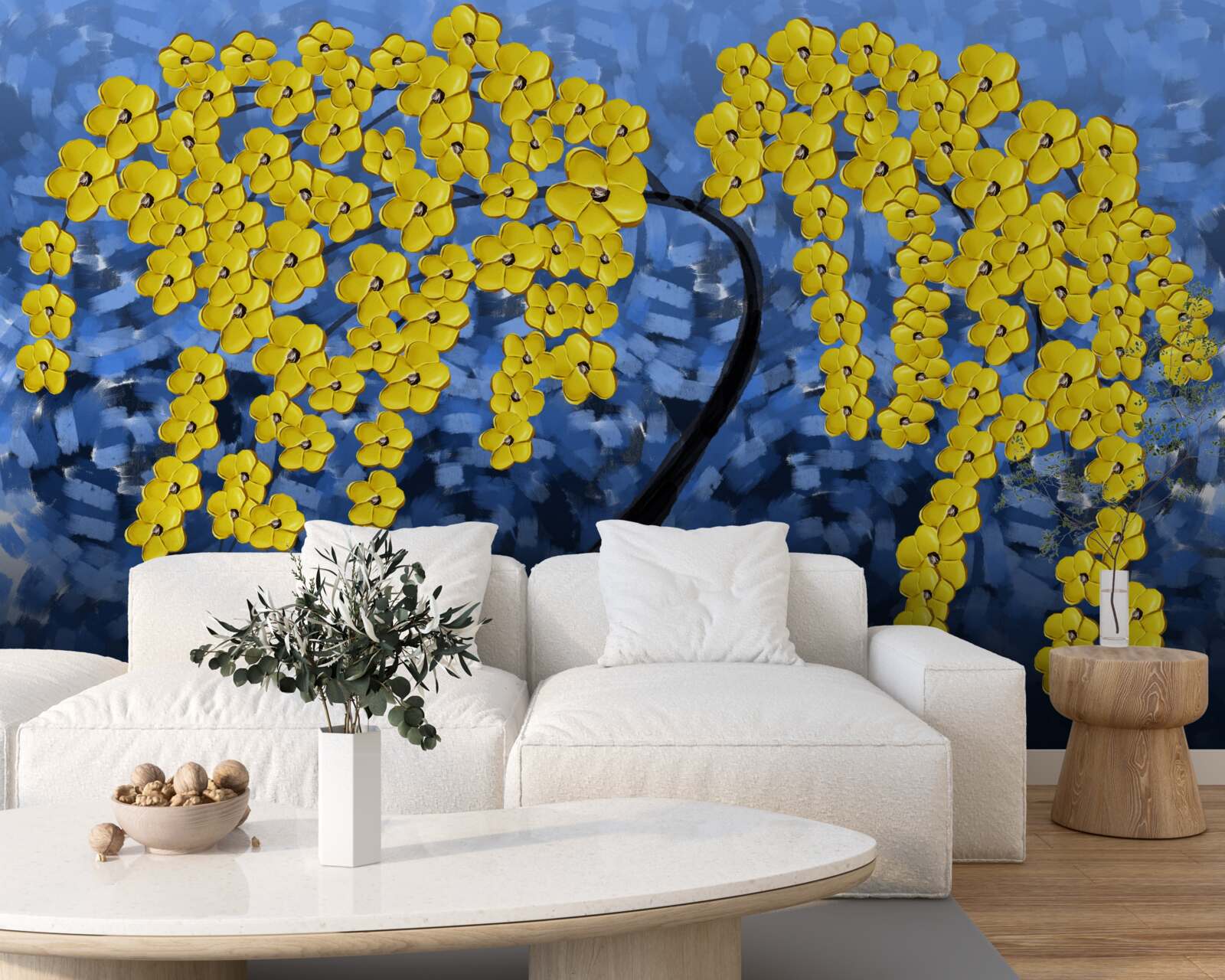 Papier peint branches décorées de fleurs jaune pâle