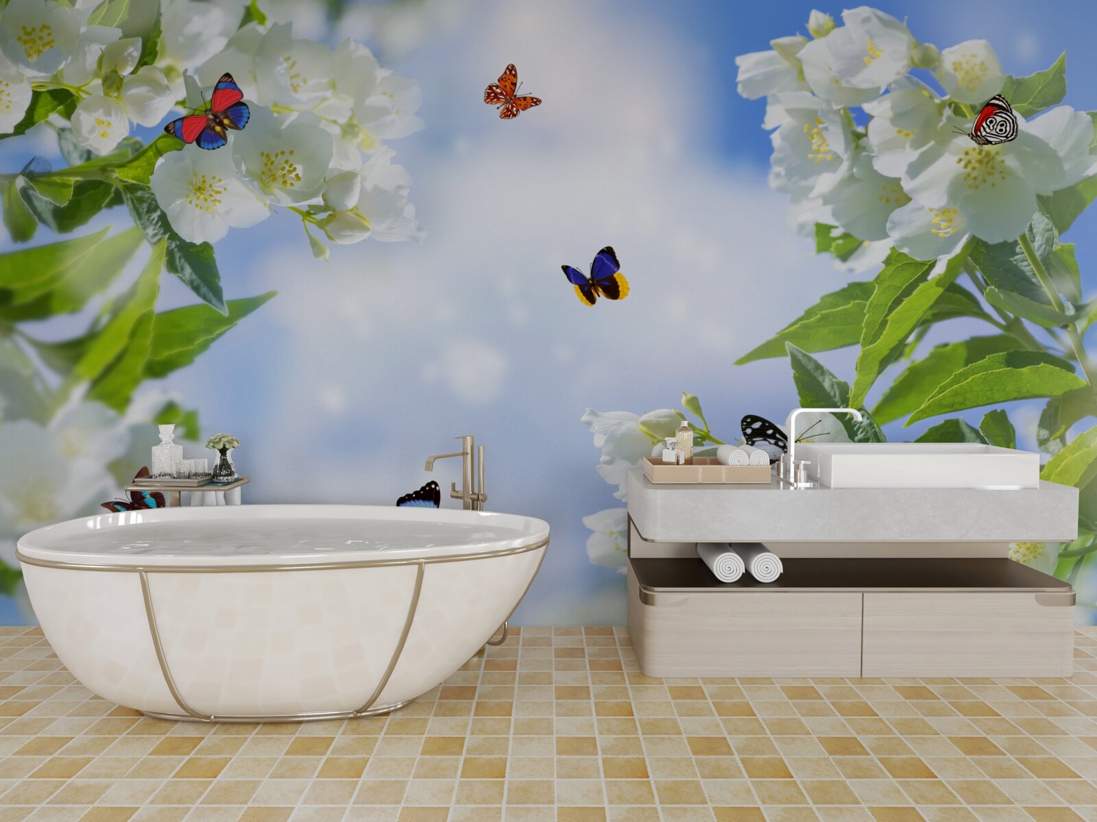 Papier peint papillons multicolores et fleurs blanches comme neige