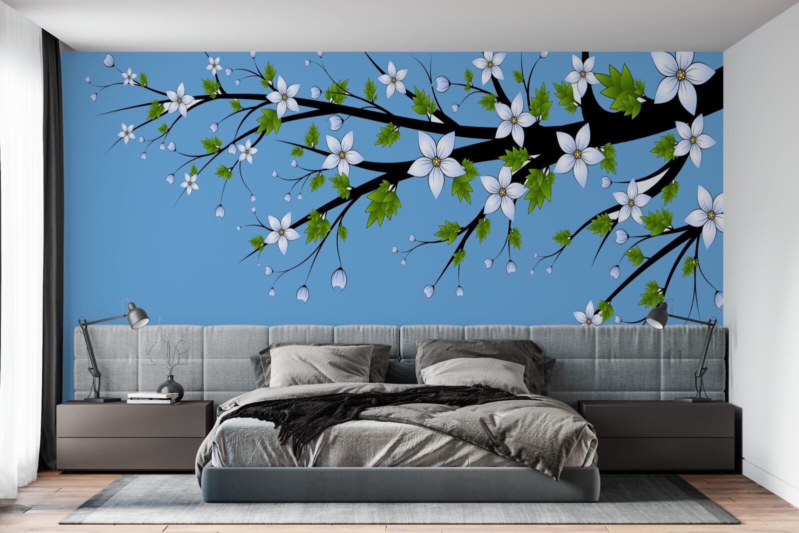 Papier peint une branche sur laquelle s'ouvrent des bourgeons blancs