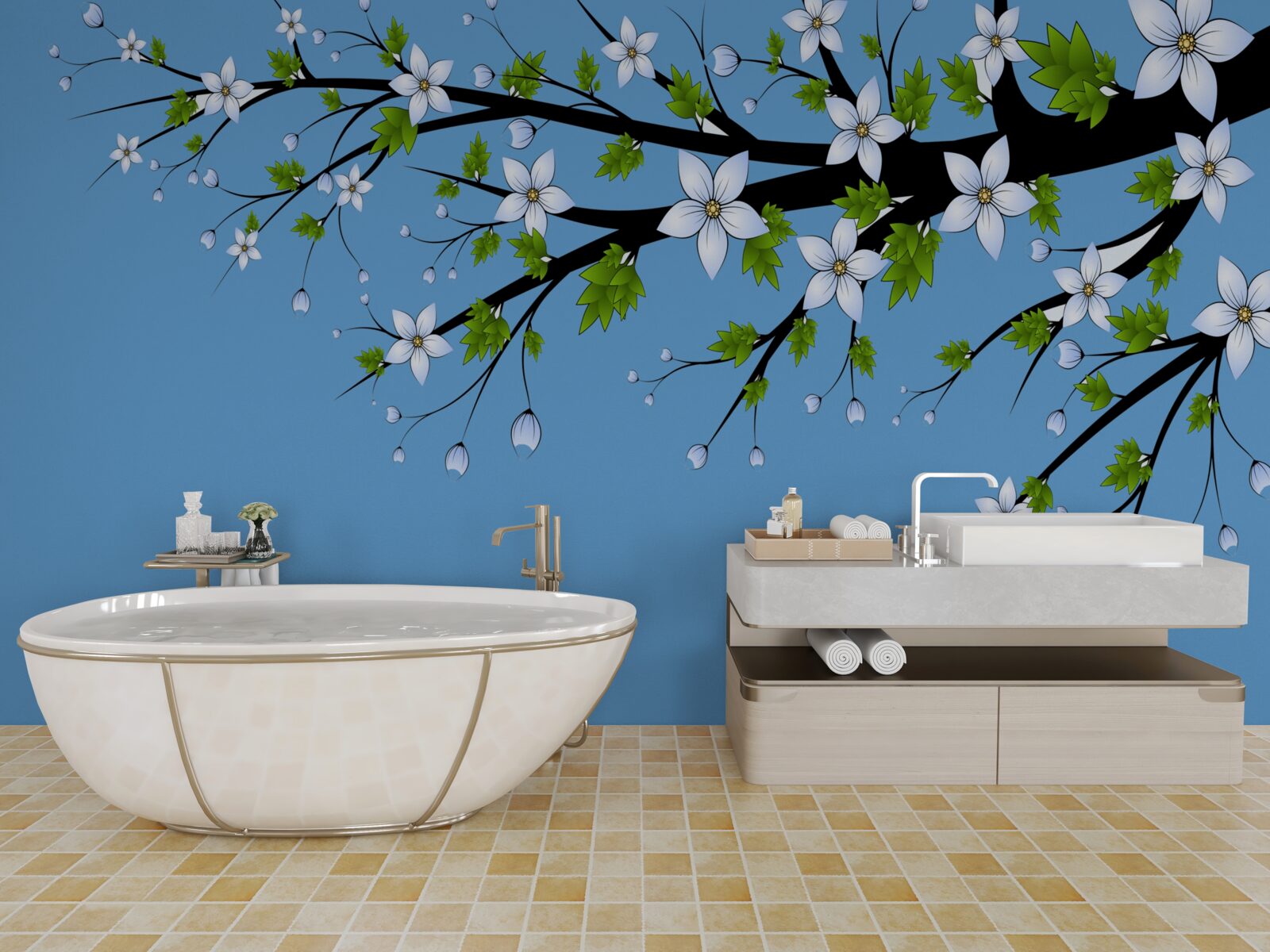 Papier peint une branche sur laquelle s'ouvrent des bourgeons blancs