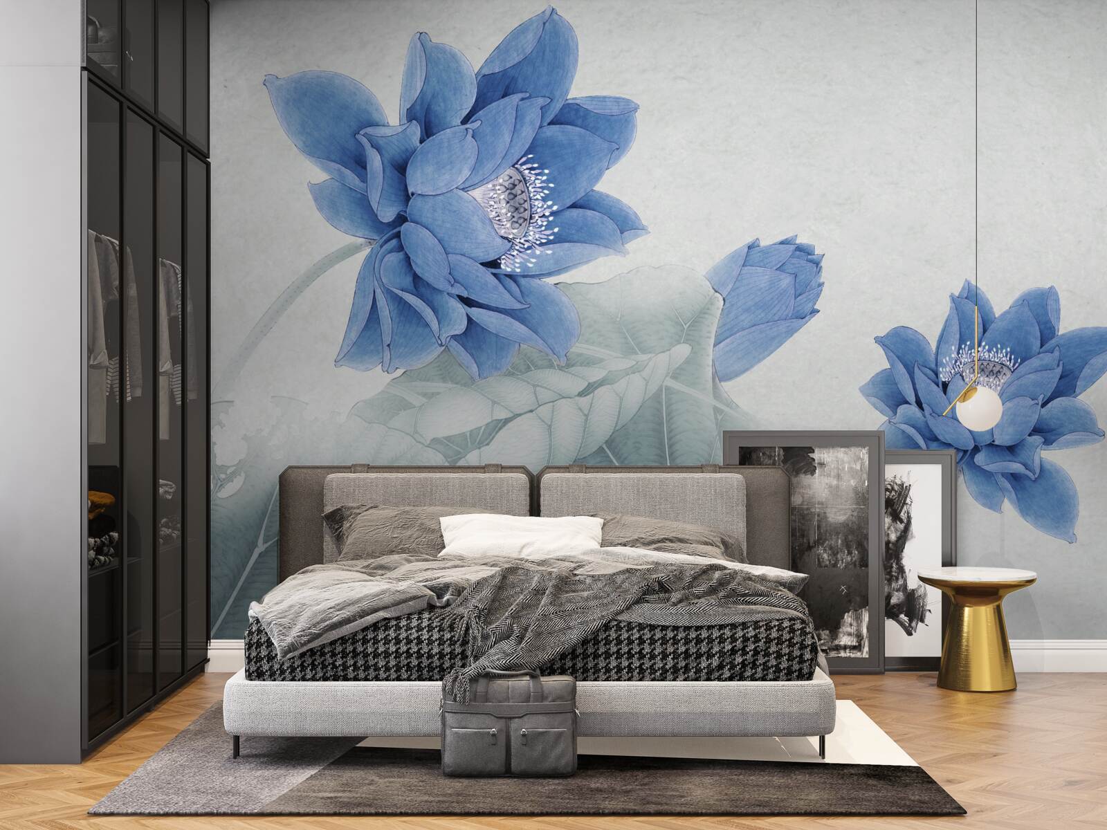 Papier peint des lotus bleus fleurissent sur un fond gris