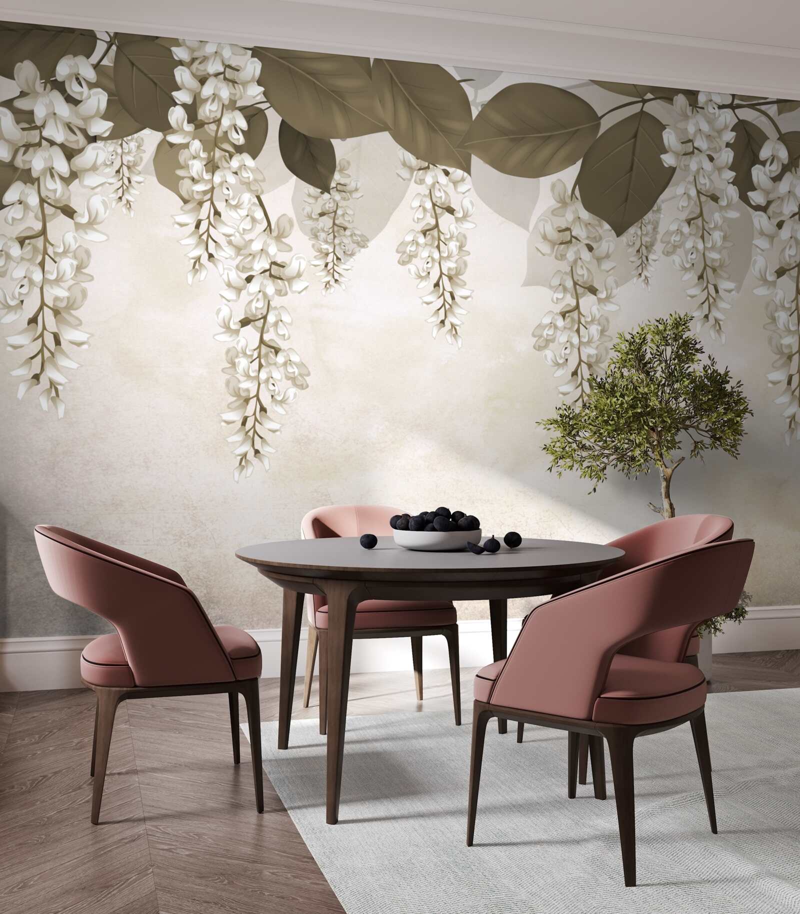 Papier peint acacia à fleurs blanches