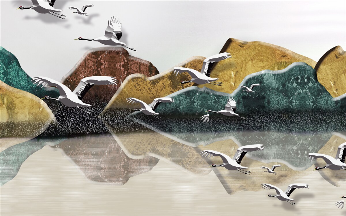 Papier peint lac calme dans les montagnes et oiseaux