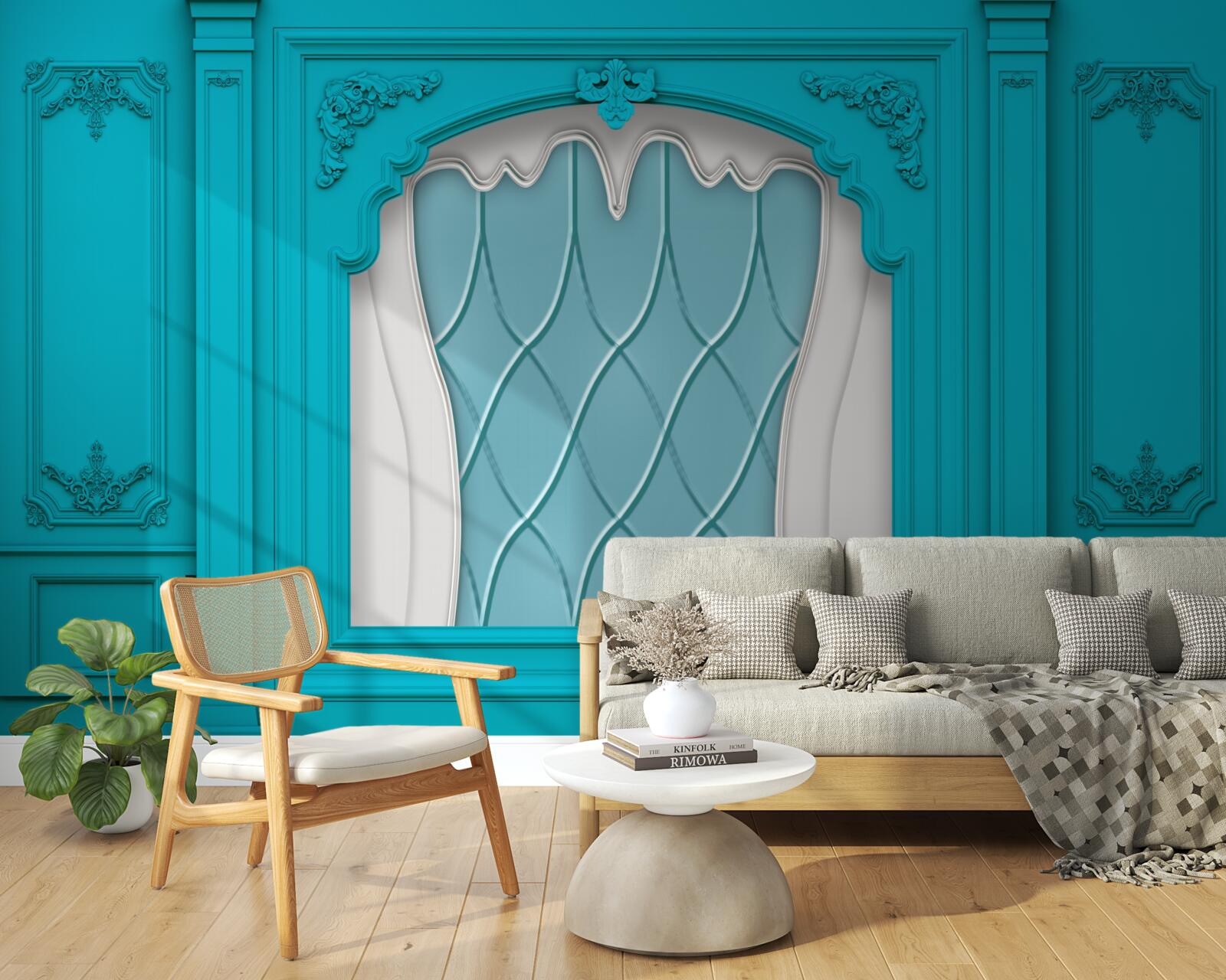 Papier peint fenêtre avec vitrail bleu
