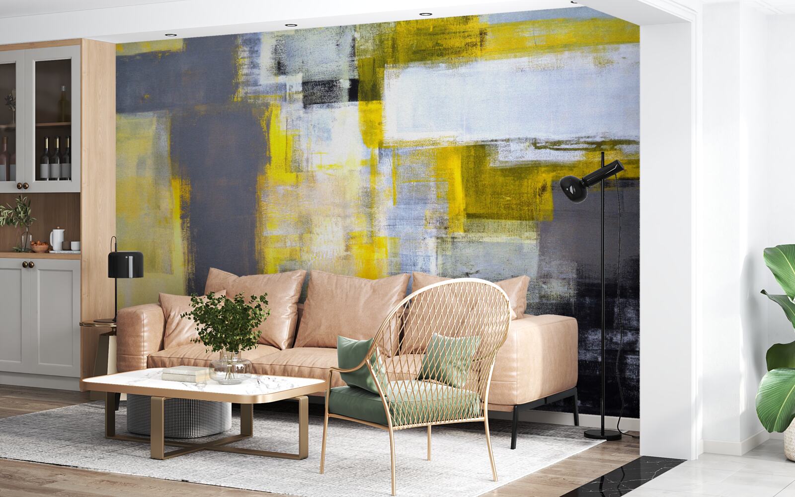 Papier peint peinture abstraite dans les tons de jaune et de gris, réalisée avec des peintures