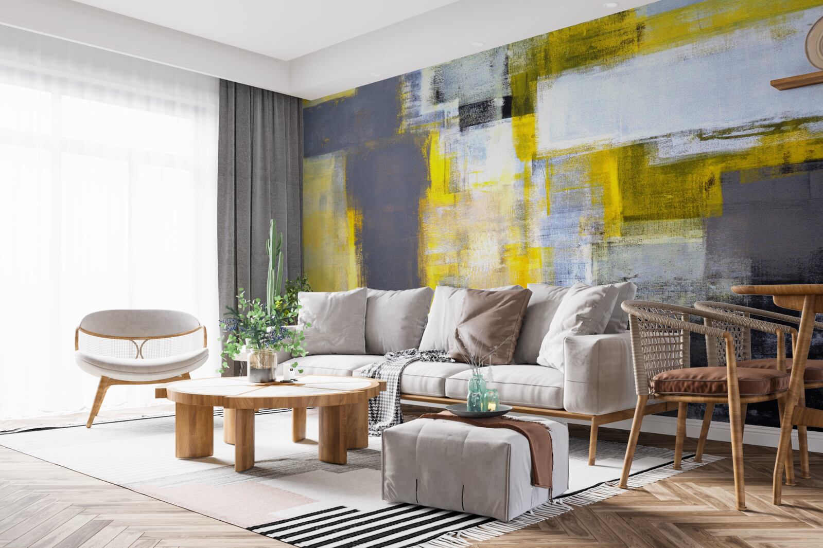 Papier peint peinture abstraite dans les tons de jaune et de gris, réalisée avec des peintures