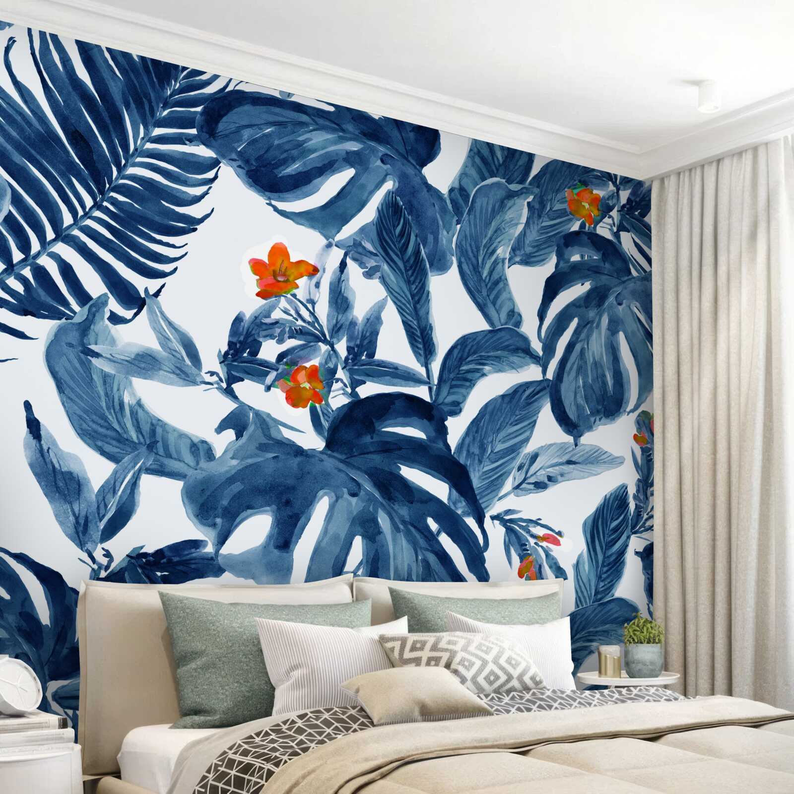 Papier peint lys pêche et fougère bleue