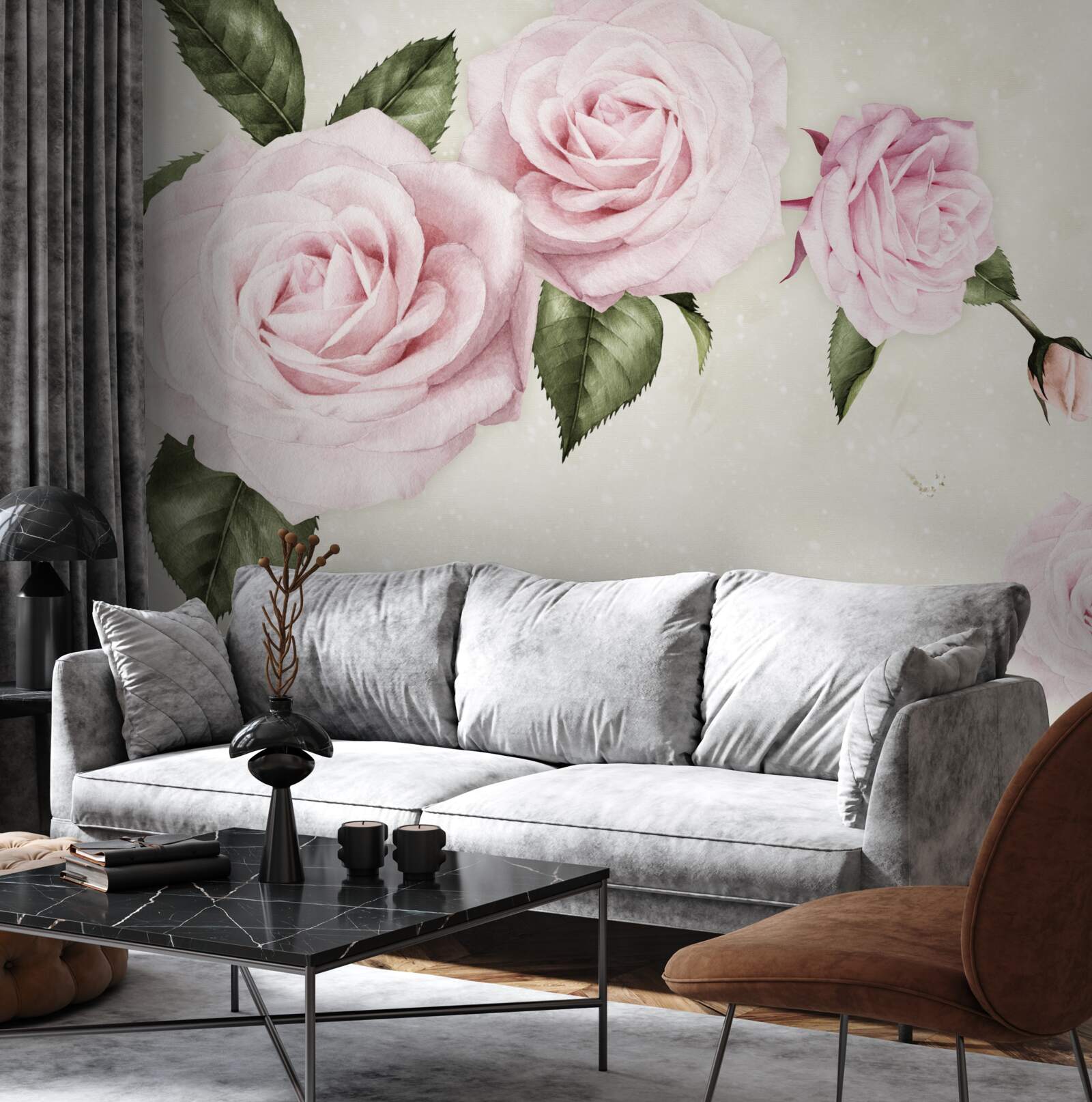 Papier peint roses roses subtiles sur fond blanc