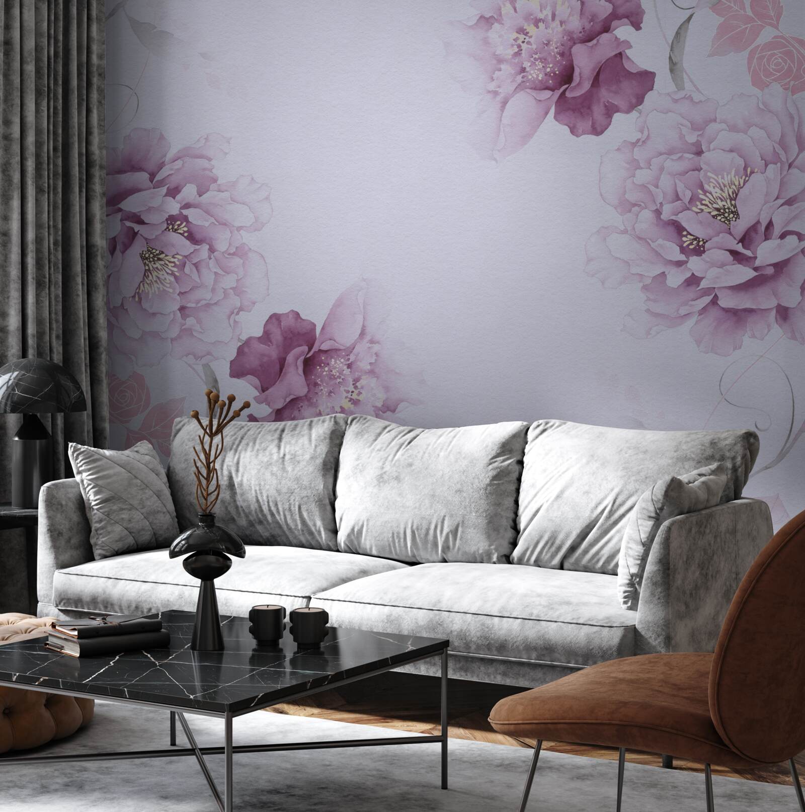 Papier peint grandes fleurs lilas sur fond gris