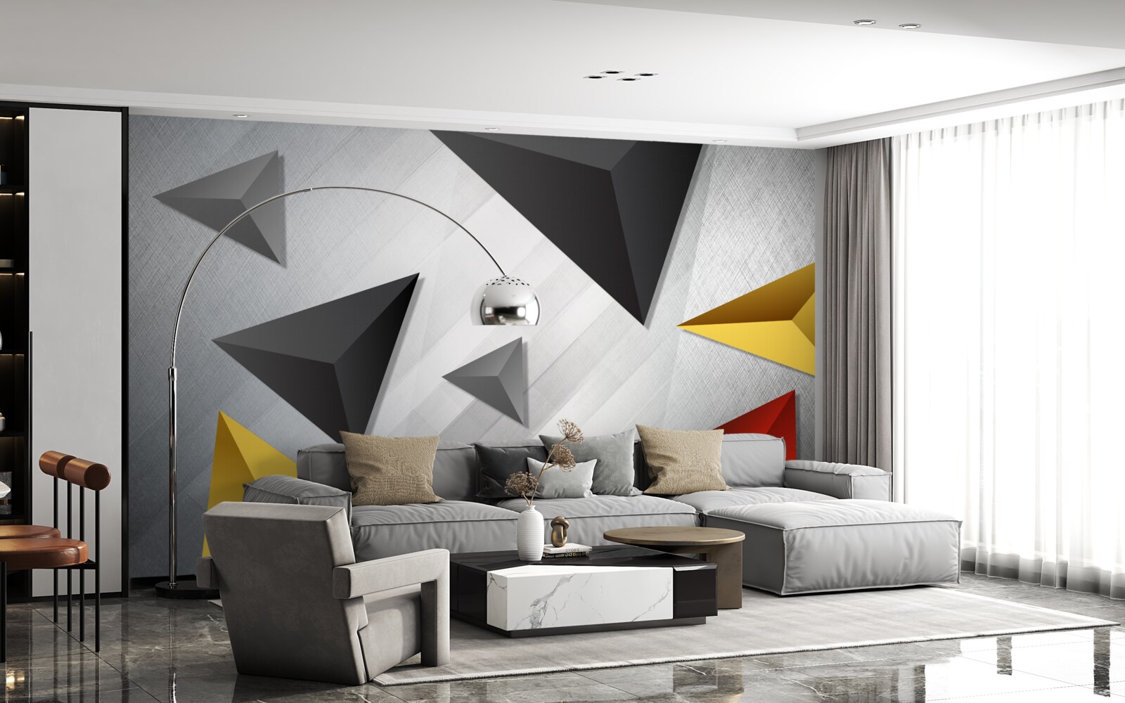 Papier peint des triangles de différentes teintes flottant dans l'air