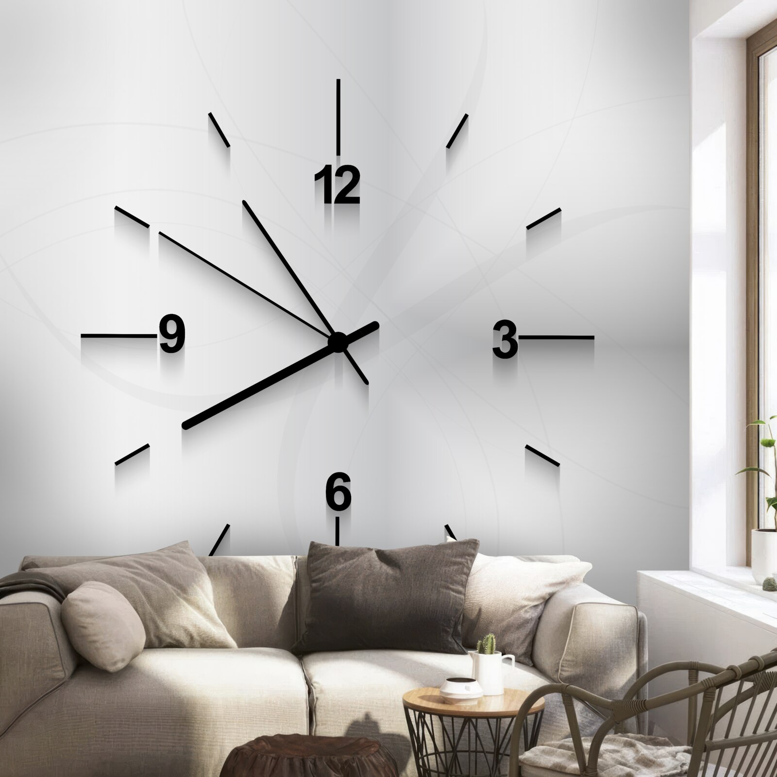 Papier peint une horloge argentée à quatre chiffres est accrochée au mur