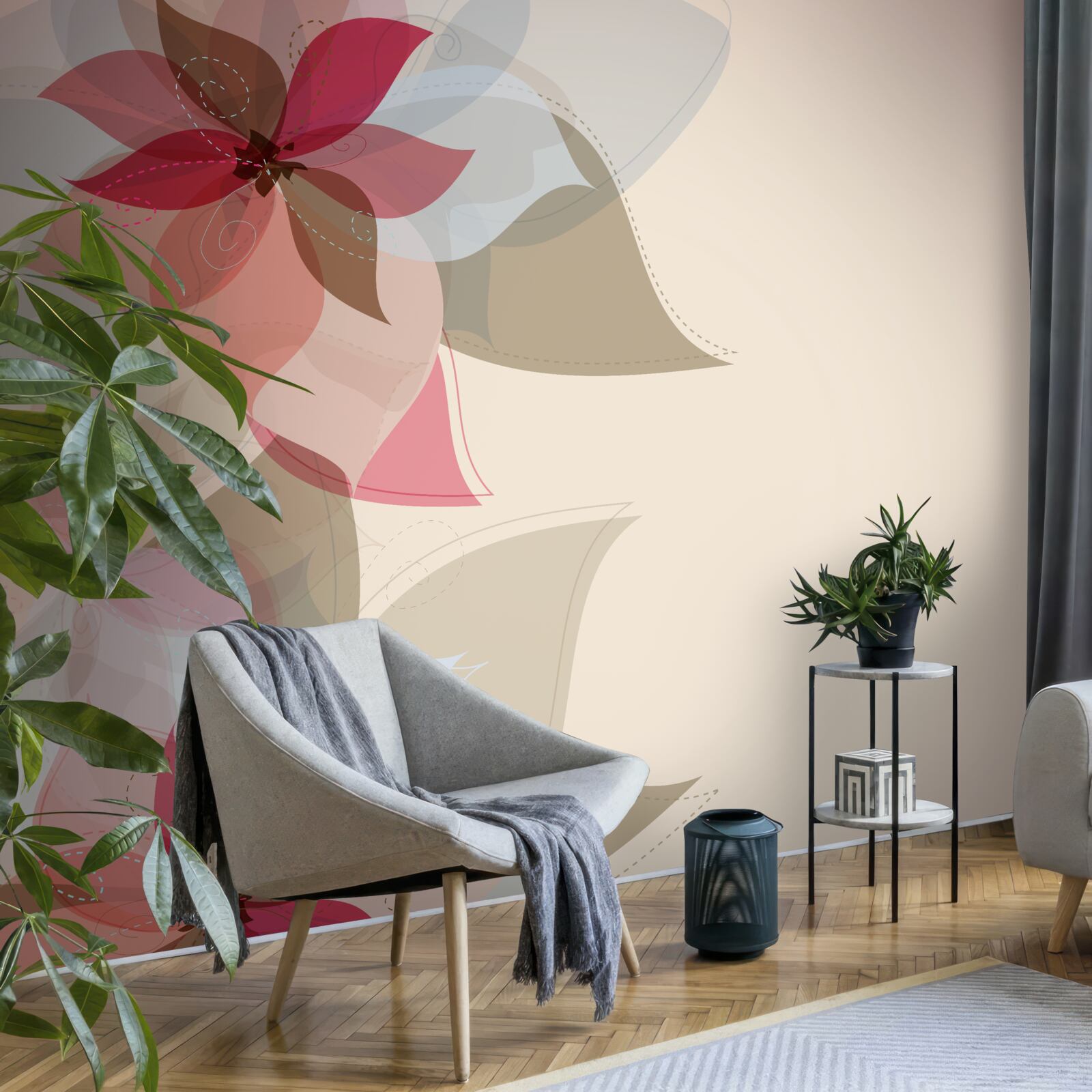 Papier peint fleurs et feuilles dans une interprétation abstraite