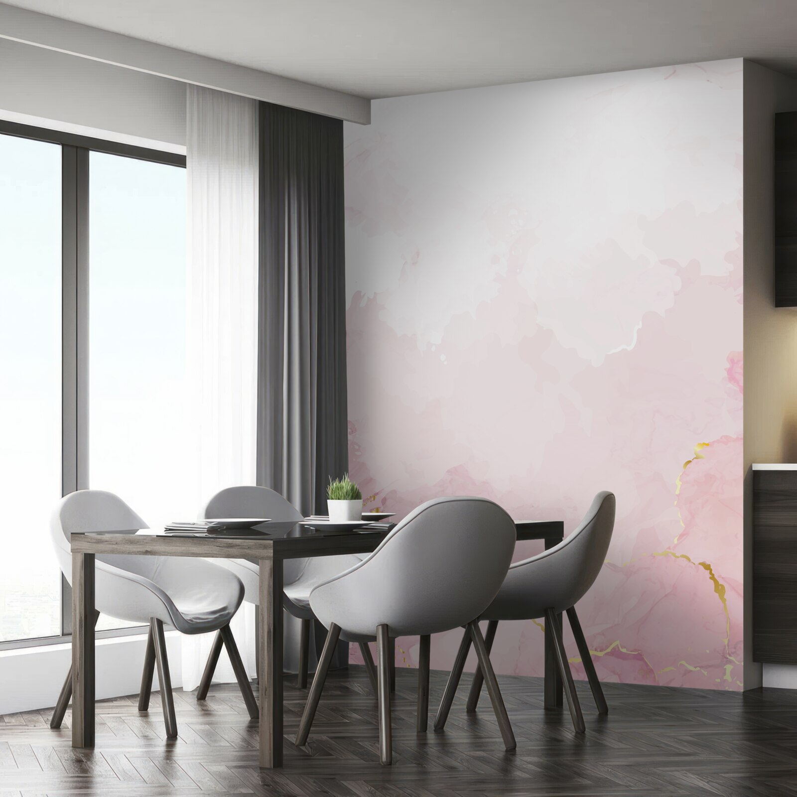 Papier peint marbre rose avec éléments dorés
