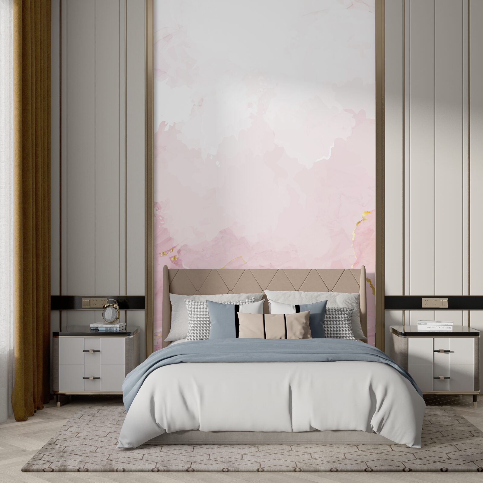 Papier peint marbre rose avec éléments dorés