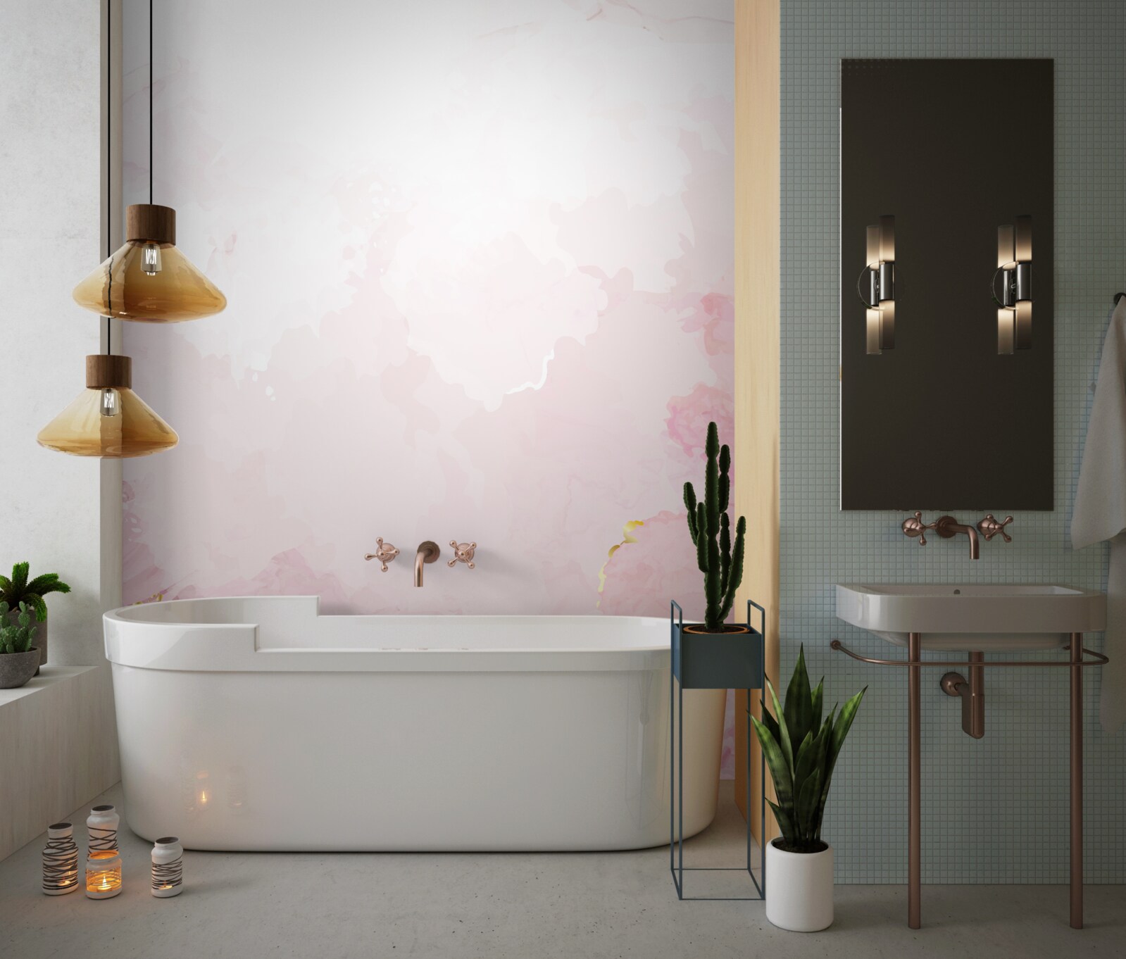 Papier peint marbre rose avec éléments dorés