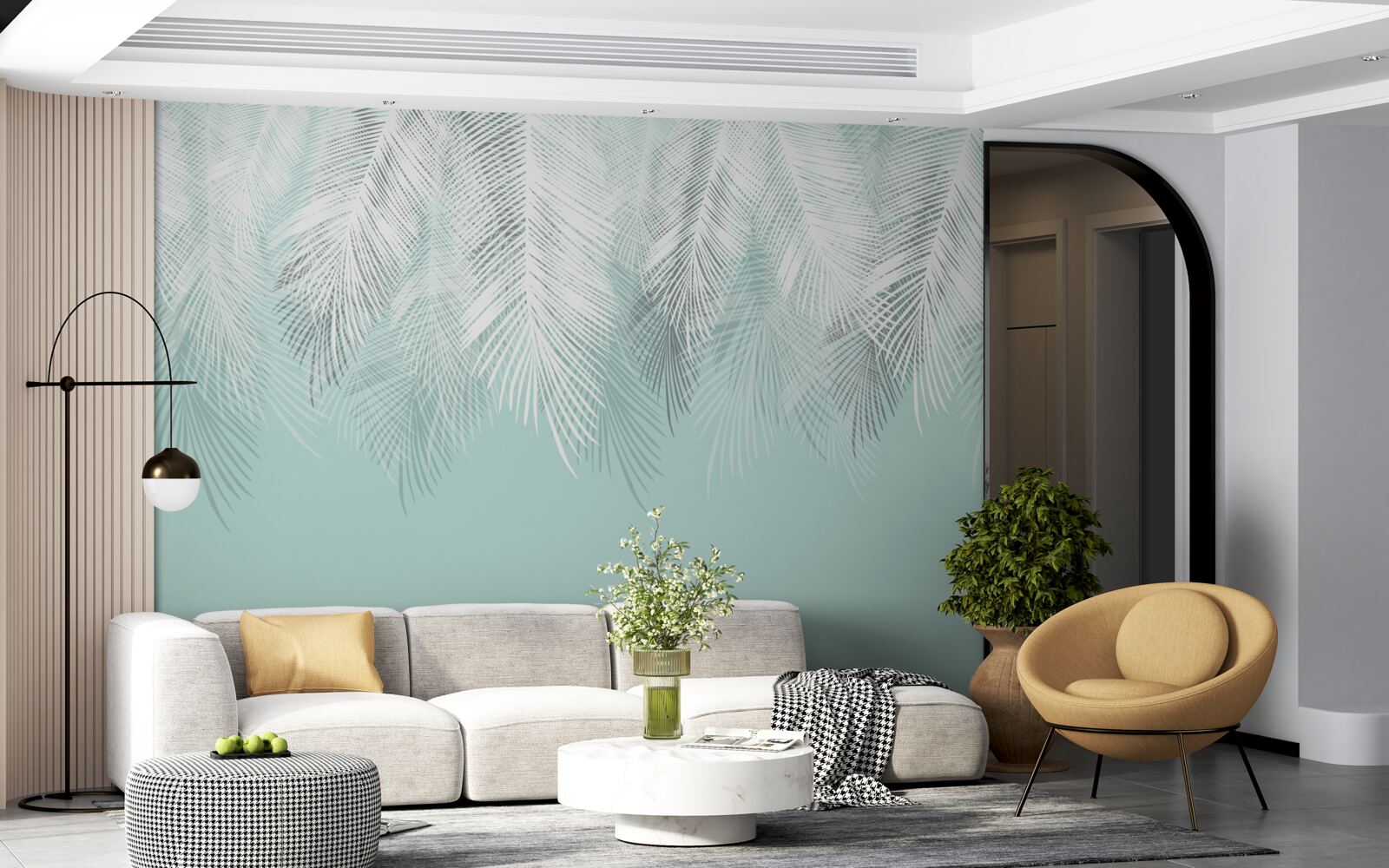 Papier peint les feuilles de palmier sont blanches sur fond turquoise