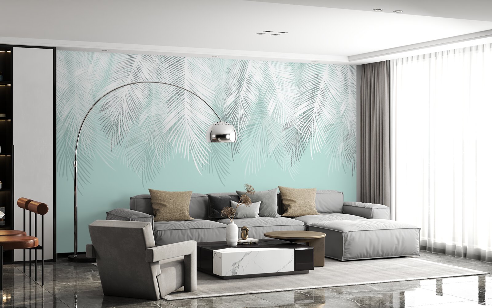 Papier peint les feuilles de palmier sont blanches sur fond turquoise