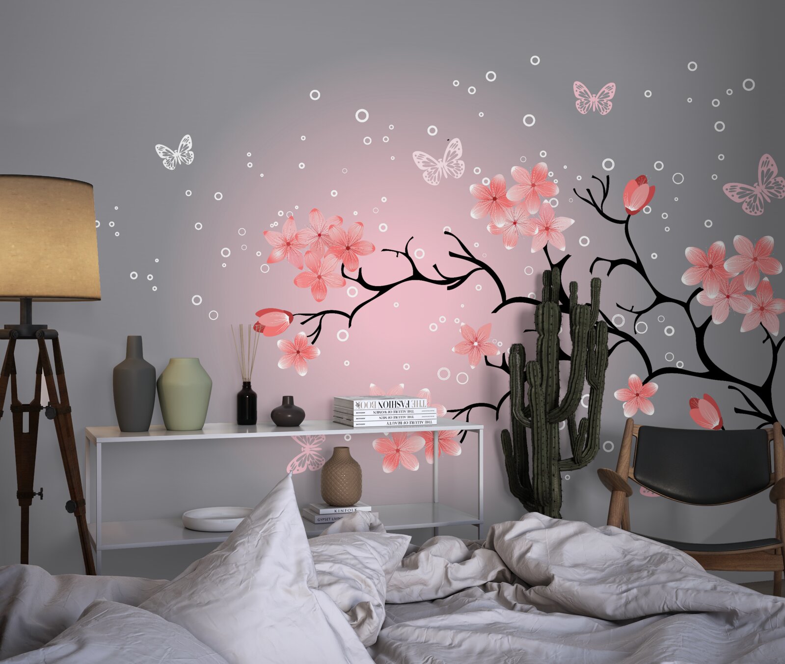 Papier peint papillons et branche de sakura