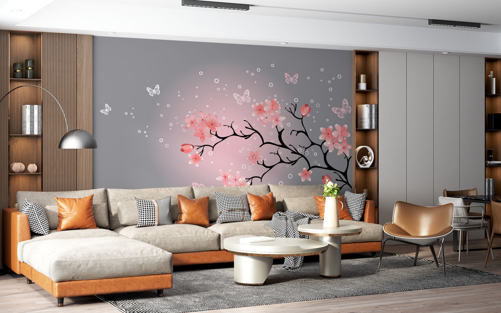Papier peint papillons et branche de sakura