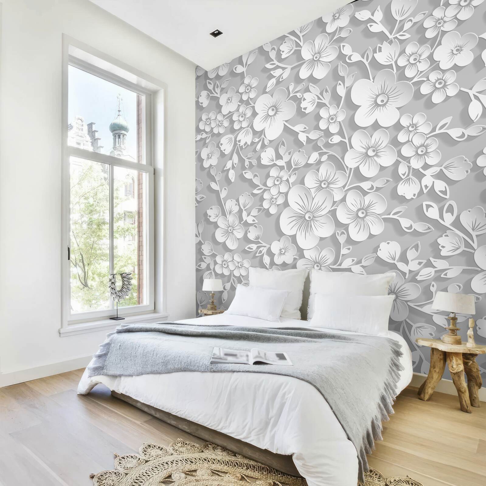 Papier peint fond parsemé de fines fleurs blanches