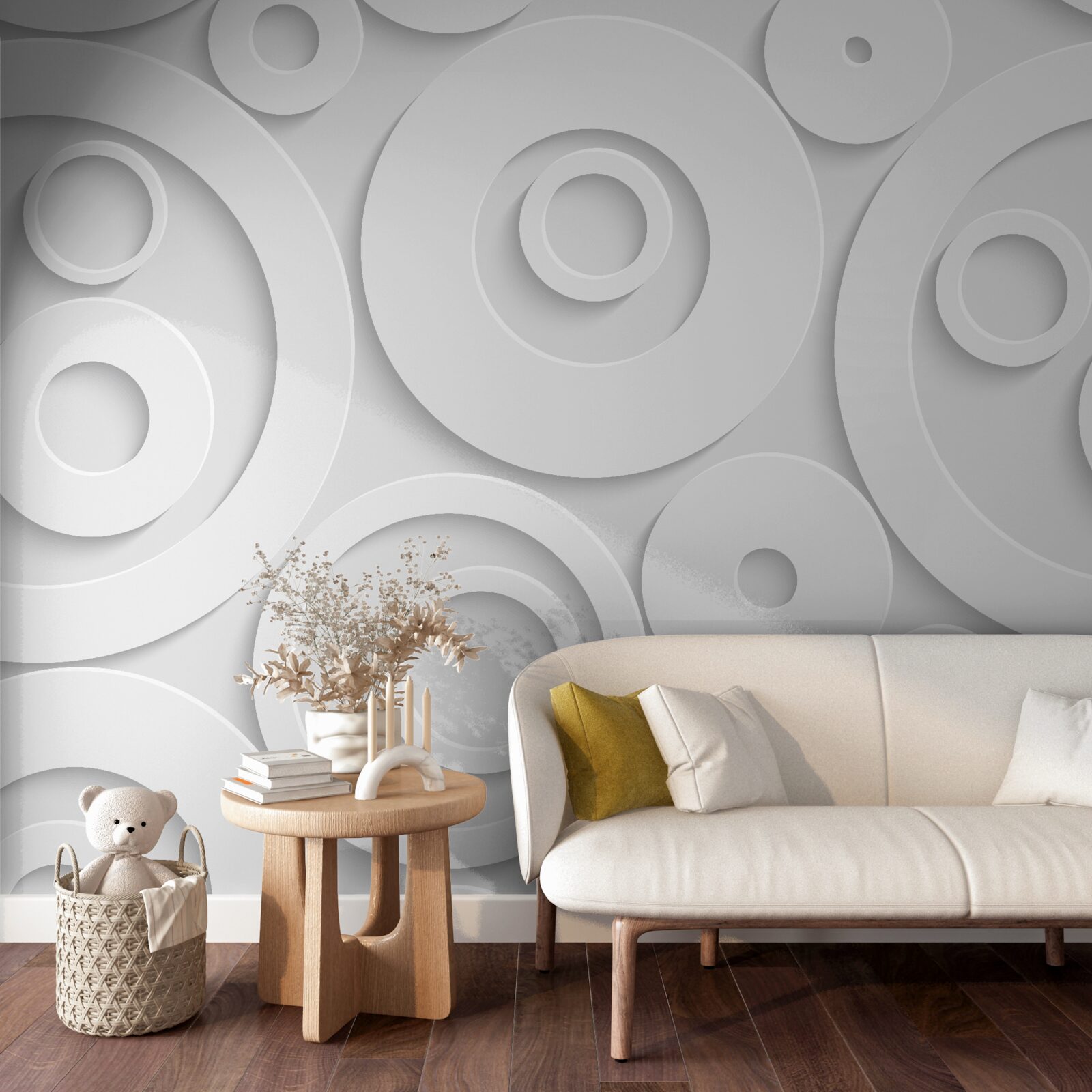 Papier peint motifs circulaires blancs