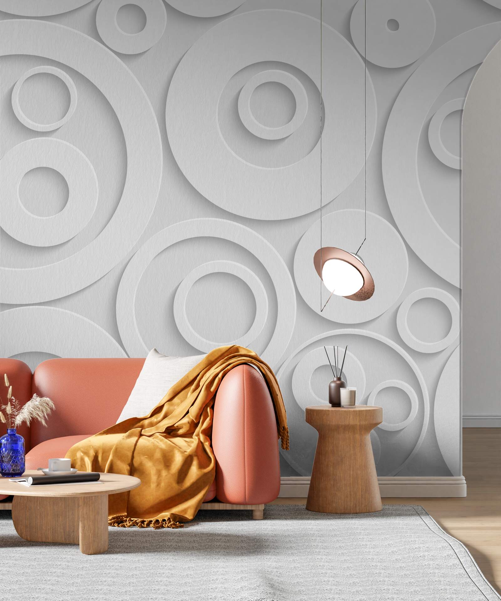 Papier peint motifs circulaires blancs