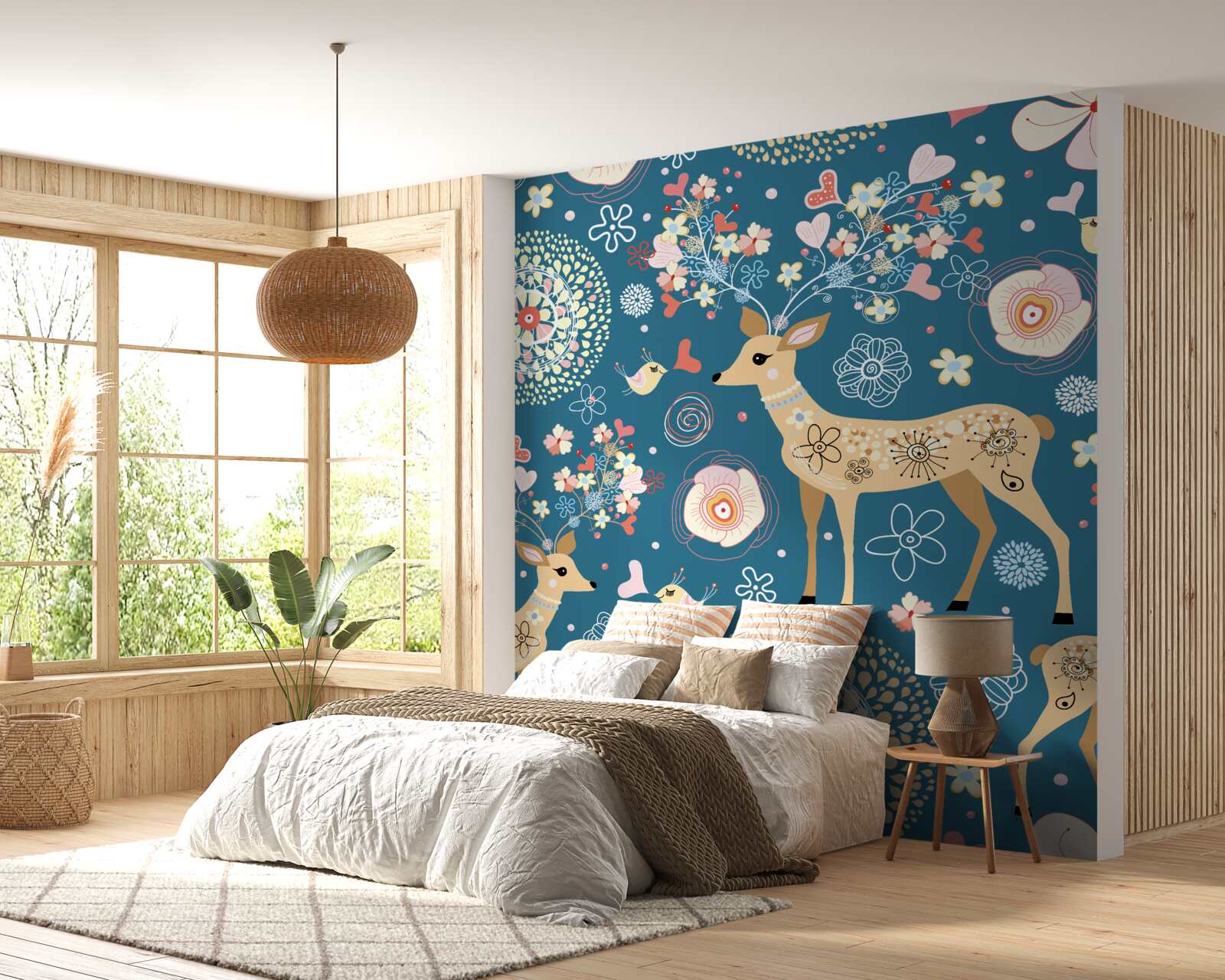 Papier peint oiseaux et cerfs entourés de fleurs