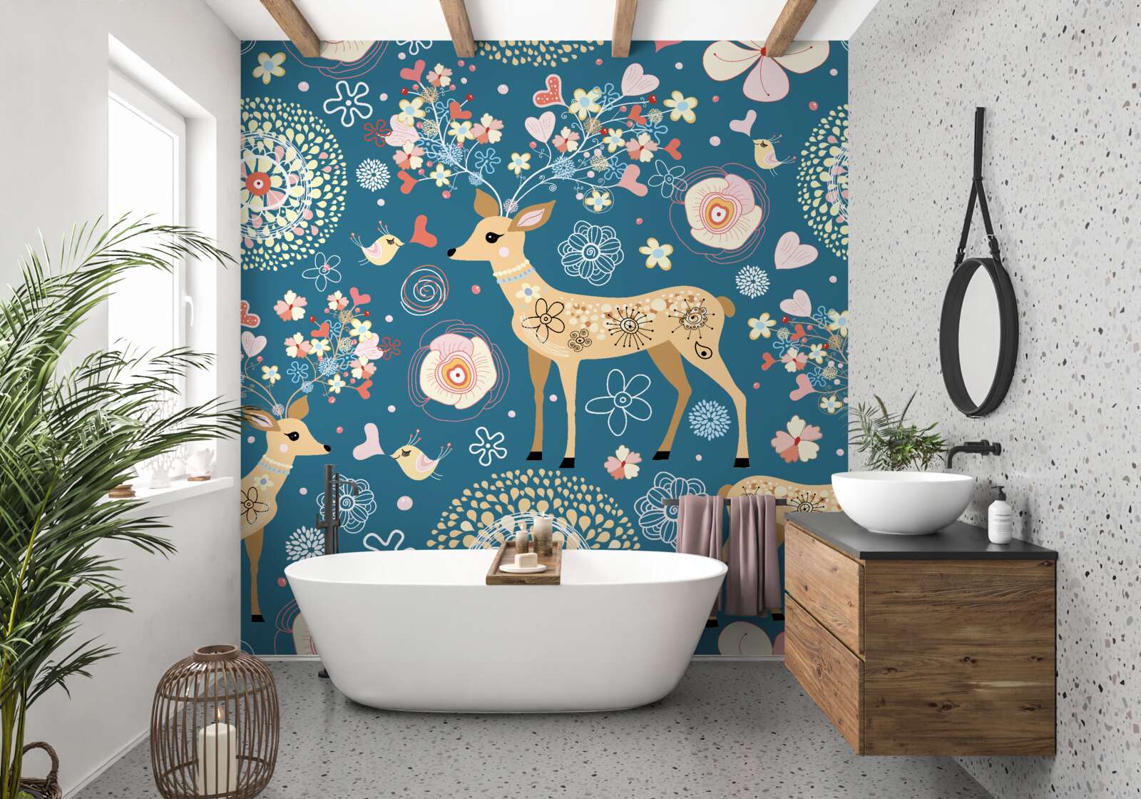 Papier peint oiseaux et cerfs entourés de fleurs