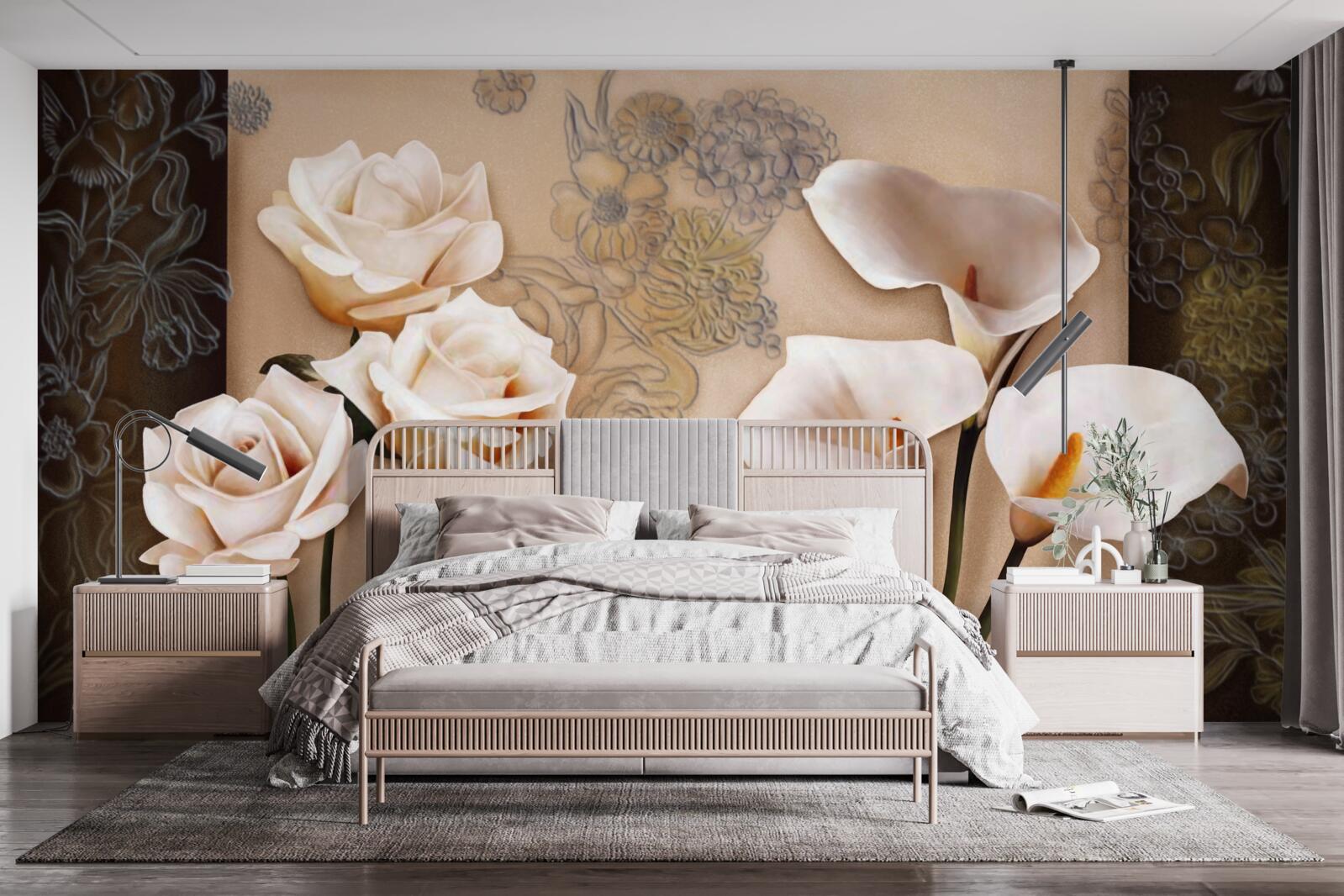 Papier peint tulipes, callae et roses en beige