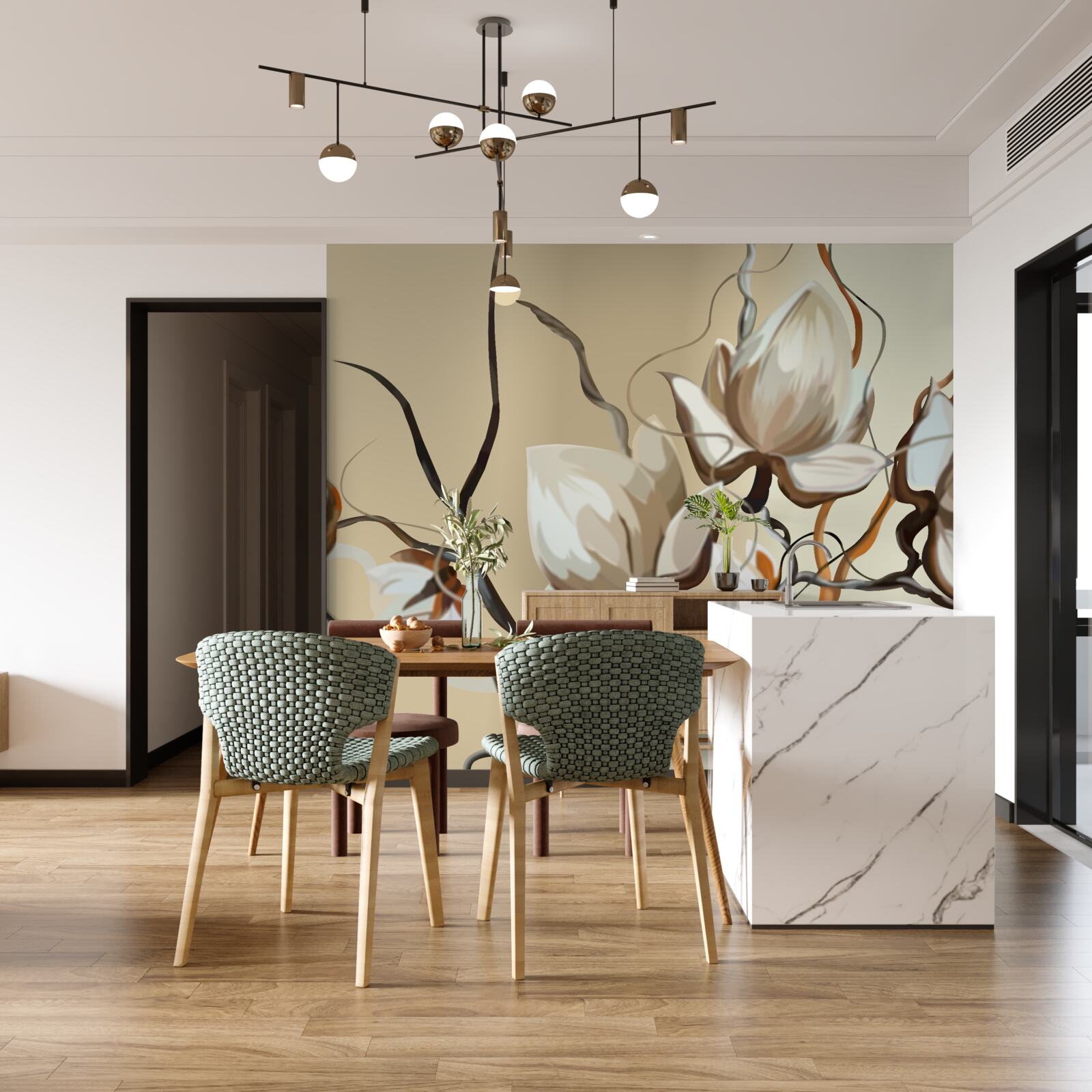 Papier peint branches de magnolia en fleurs blanches