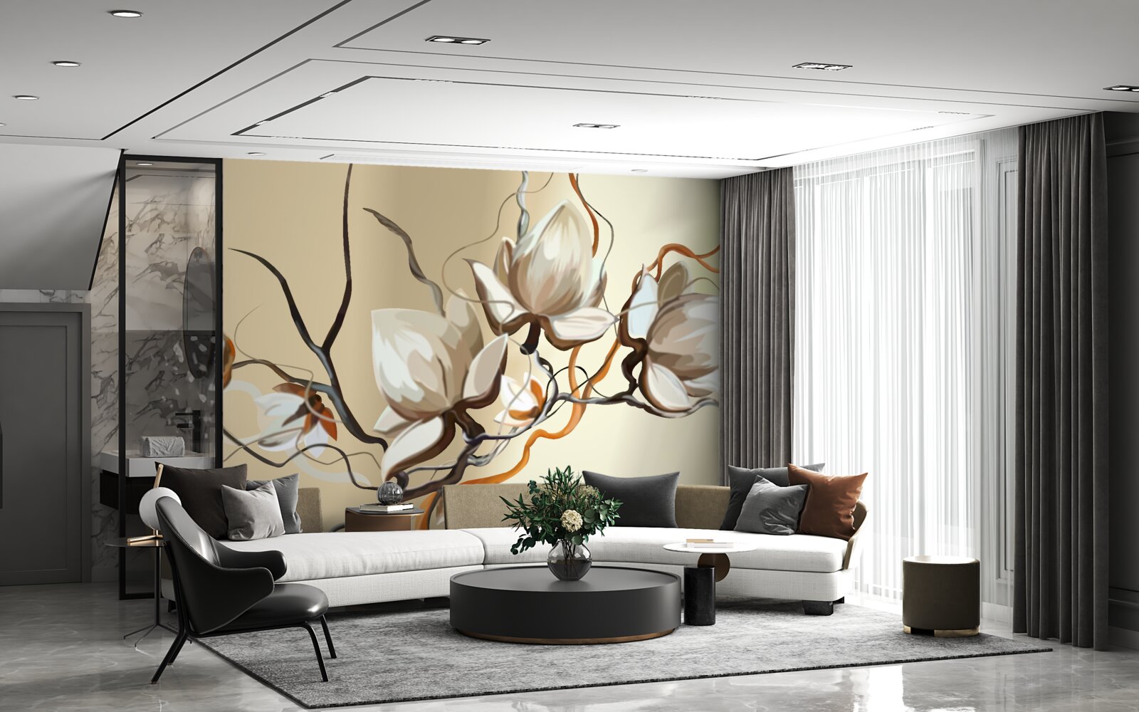 Papier peint branches de magnolia en fleurs blanches