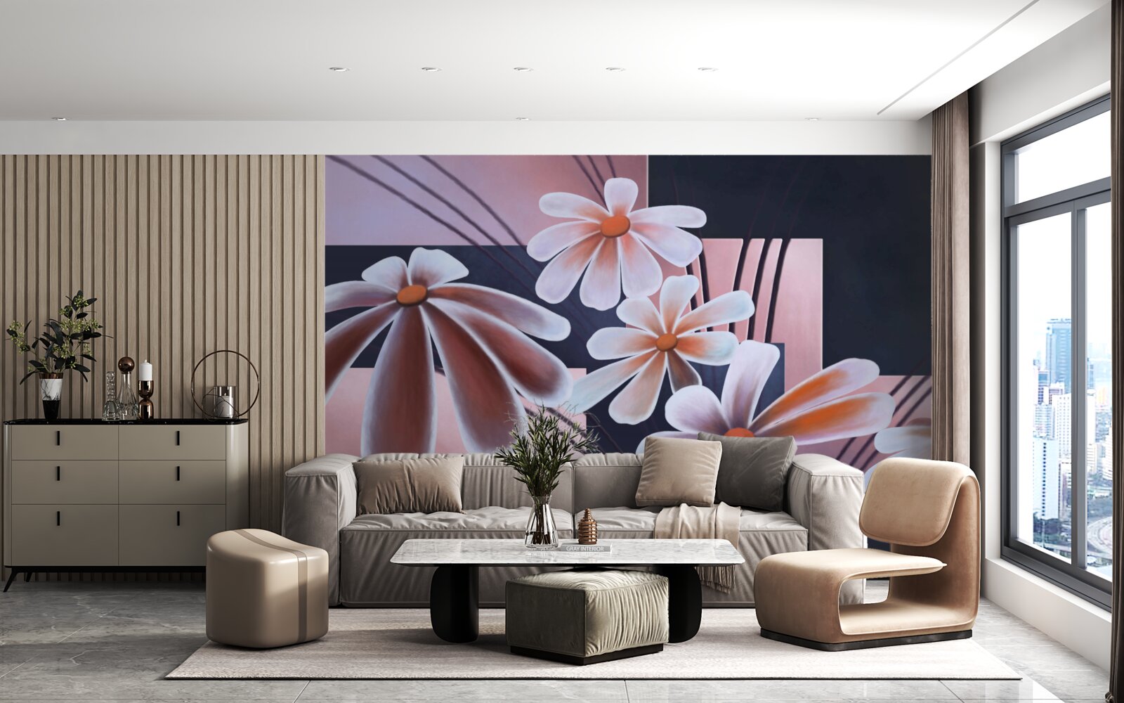 Papier peint cinq marguerites blanches sur toile