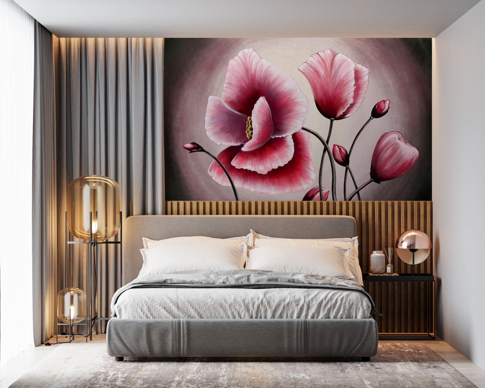 Papier peint coquelicots en fleurs roses
